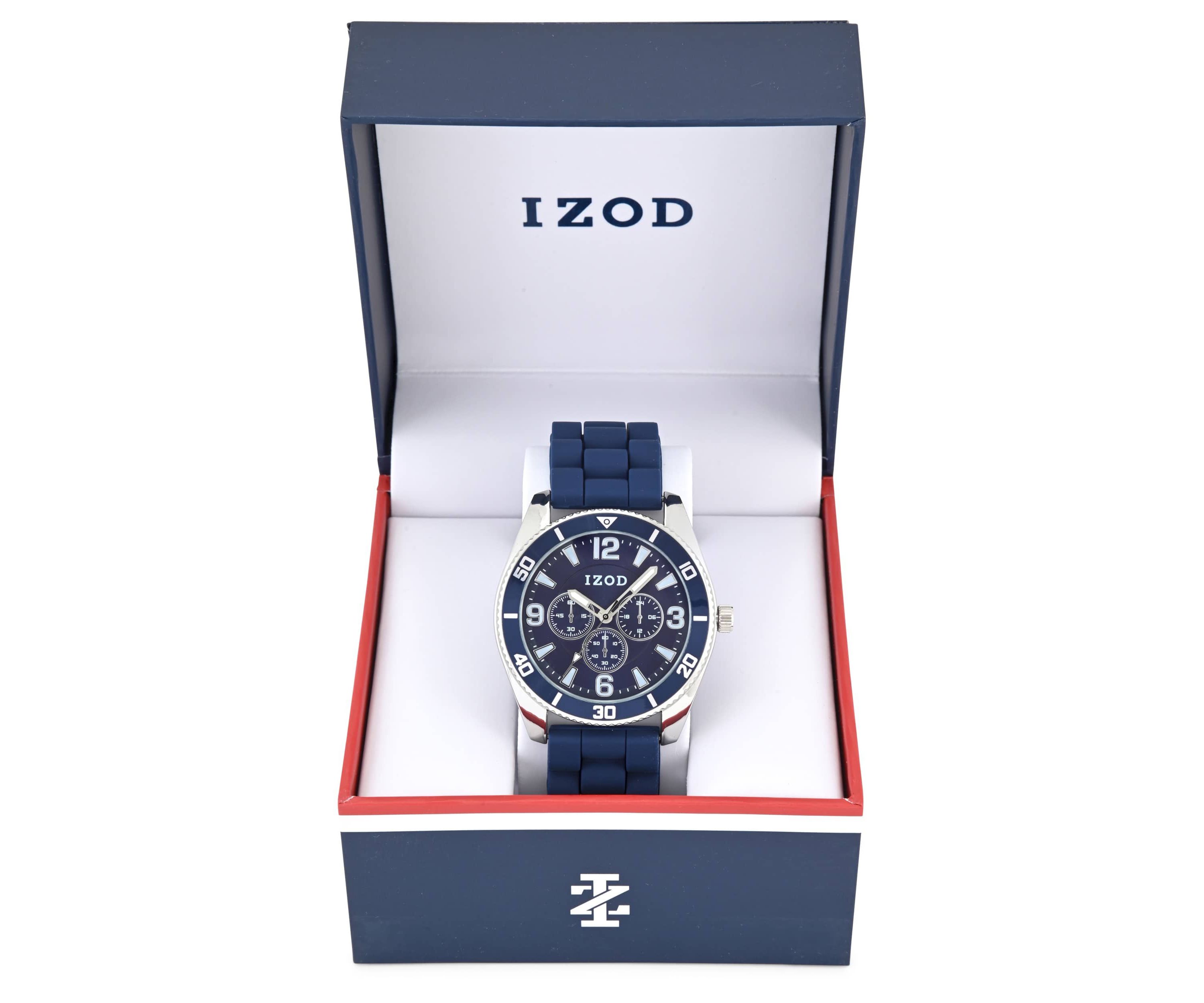 IZOD Adult Mens Analog Watch w Blue Rubber Strap in Silver Model# IZO9444