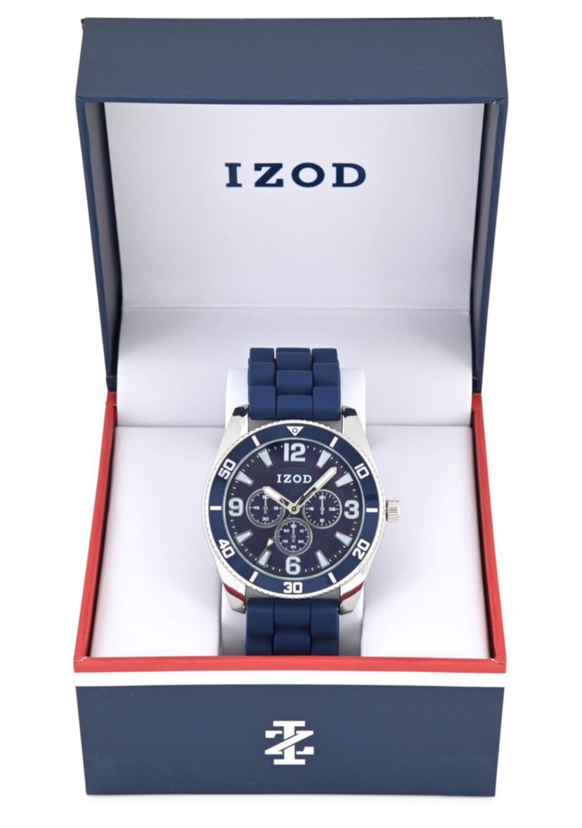 IZOD Adult Mens Analog Watch w Blue Rubber Strap in Silver Model# IZO9444