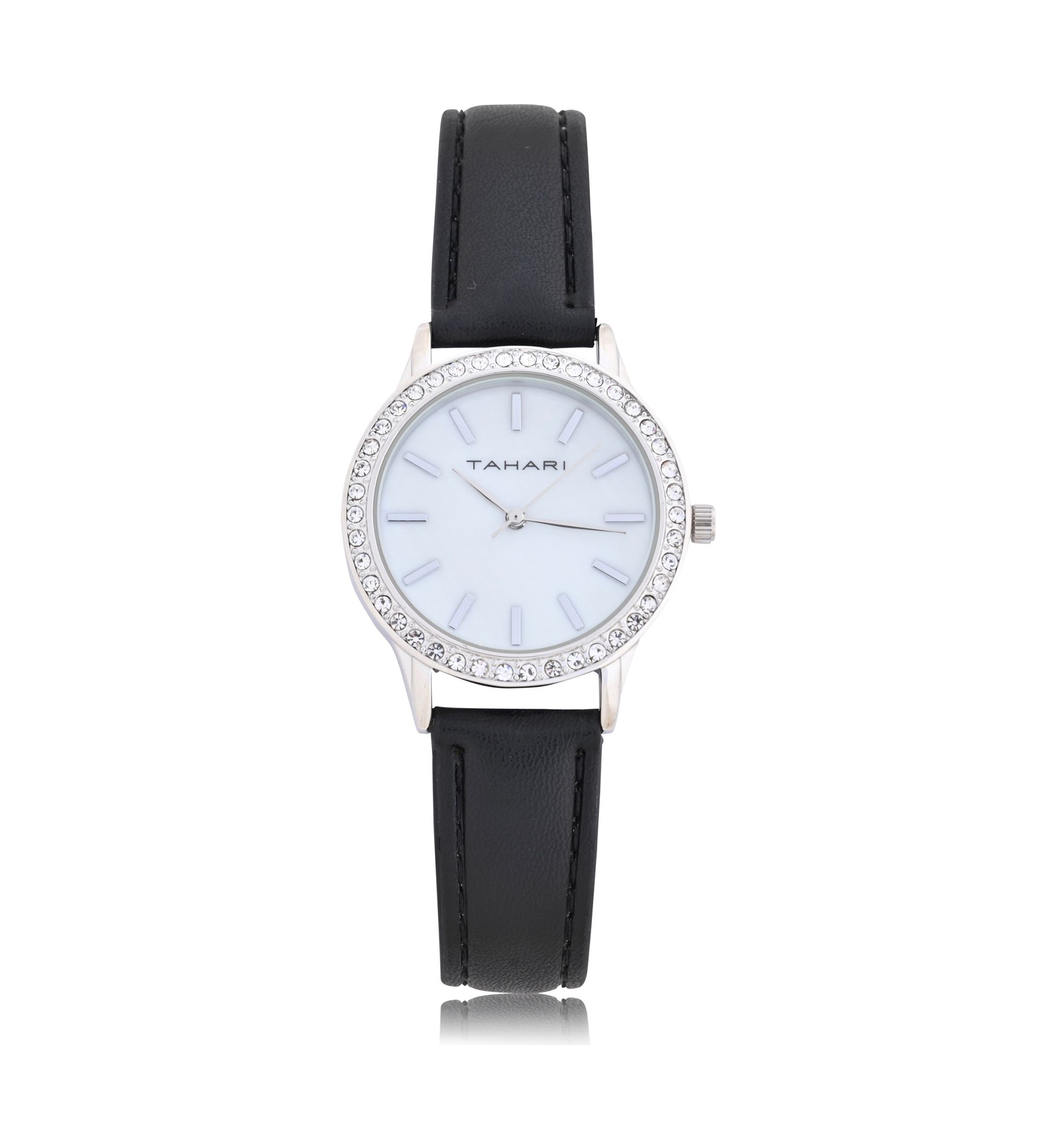 TAHARI Black Strap Watch with Crystal Accent