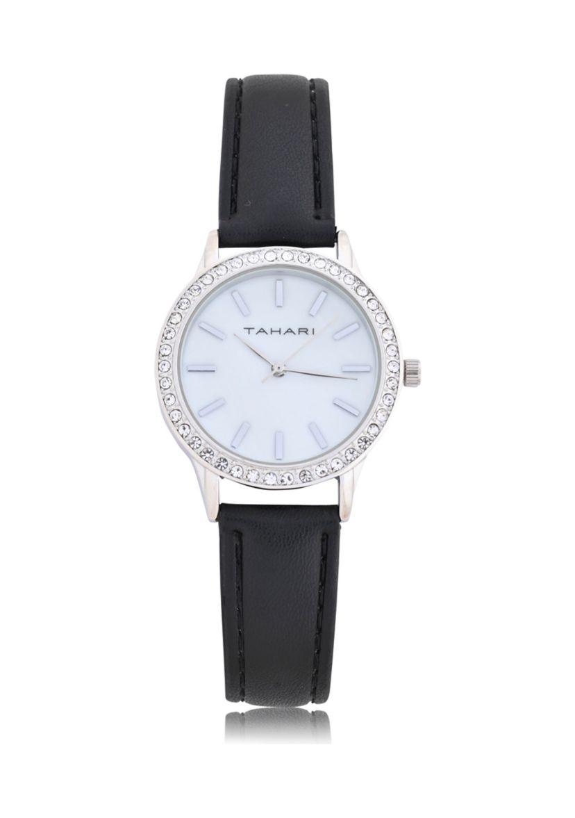 TAHARI Black Strap Watch with Crystal Accent