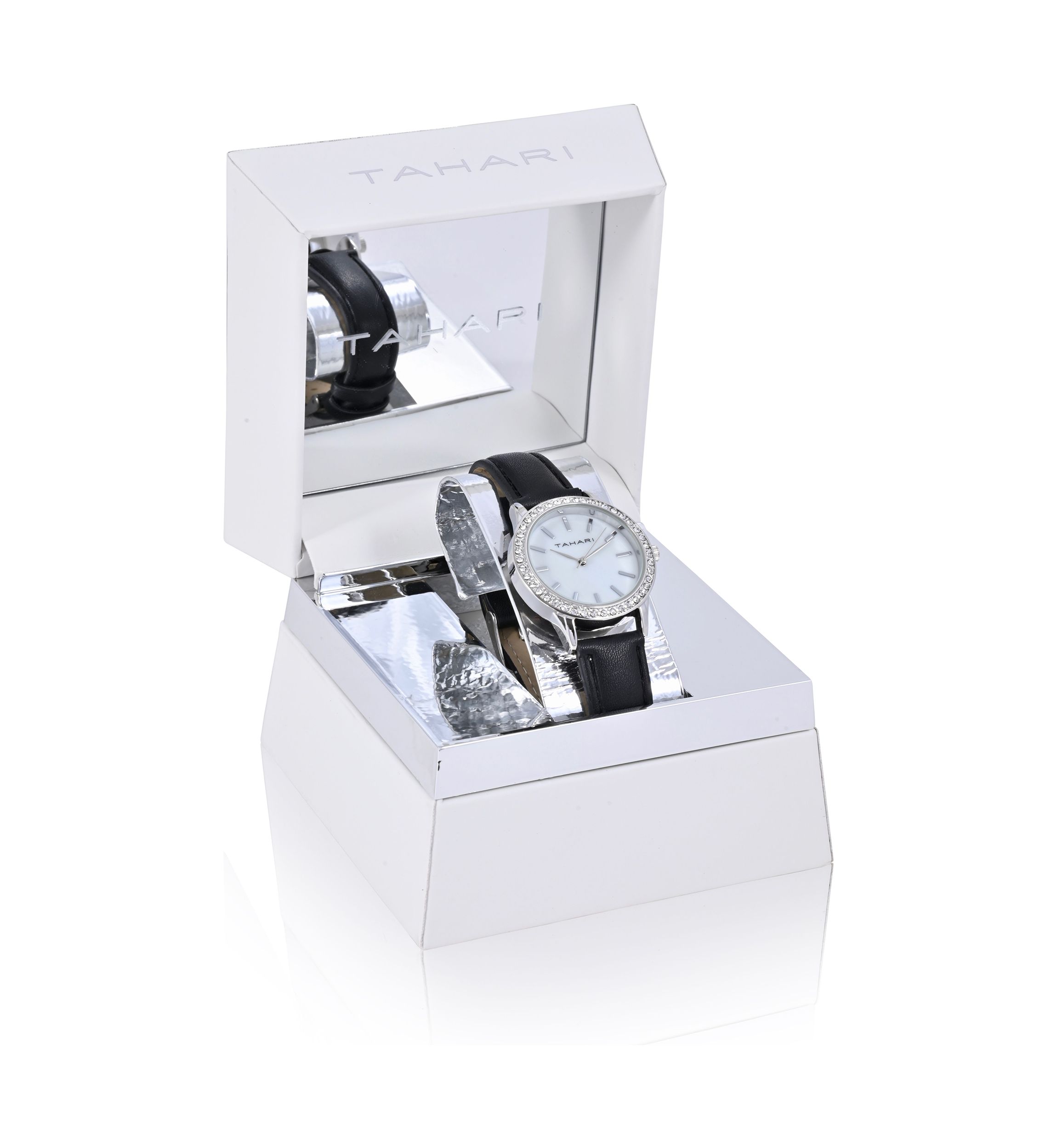 TAHARI Black Strap Watch with Crystal Accent