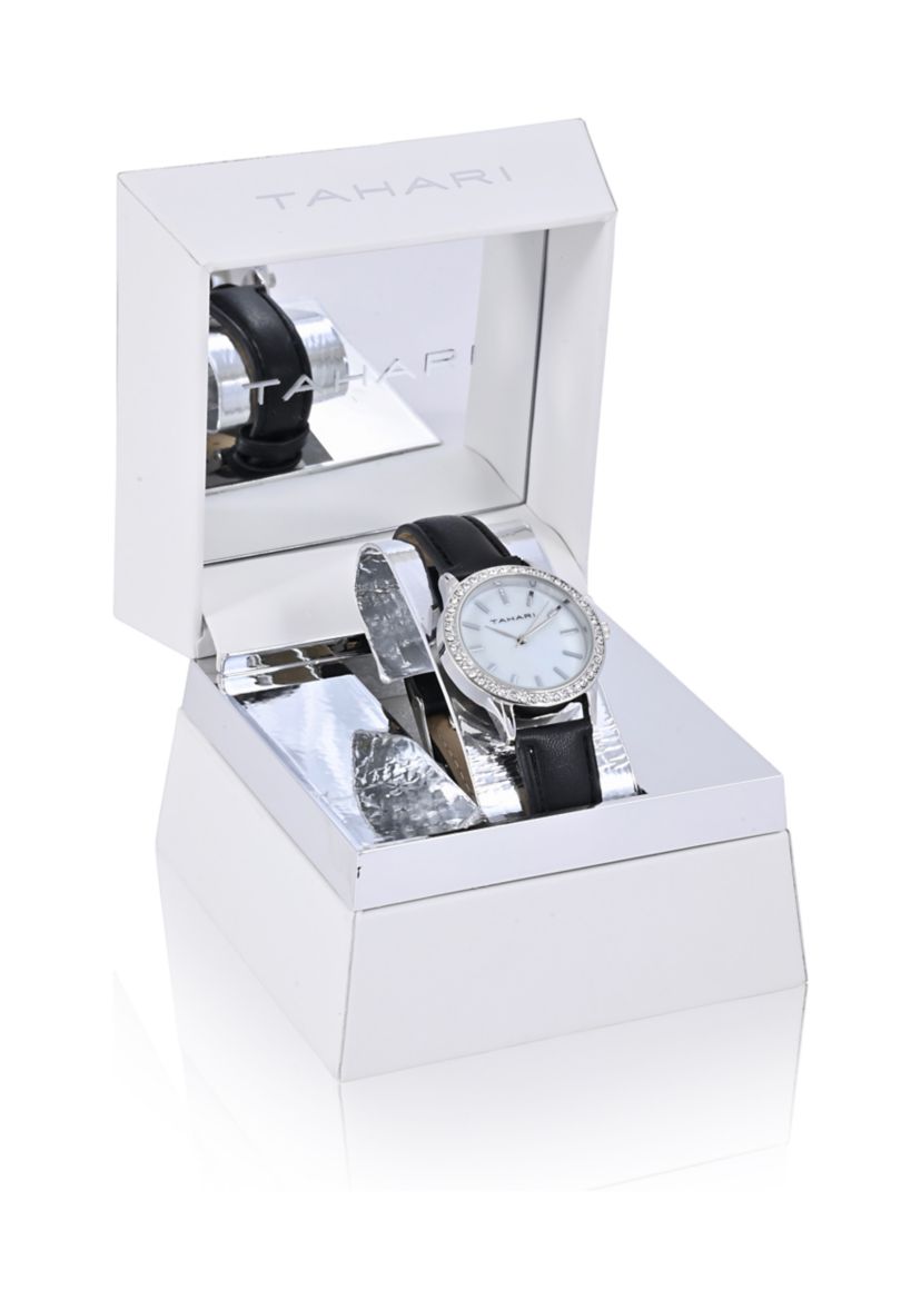 TAHARI Black Strap Watch with Crystal Accent