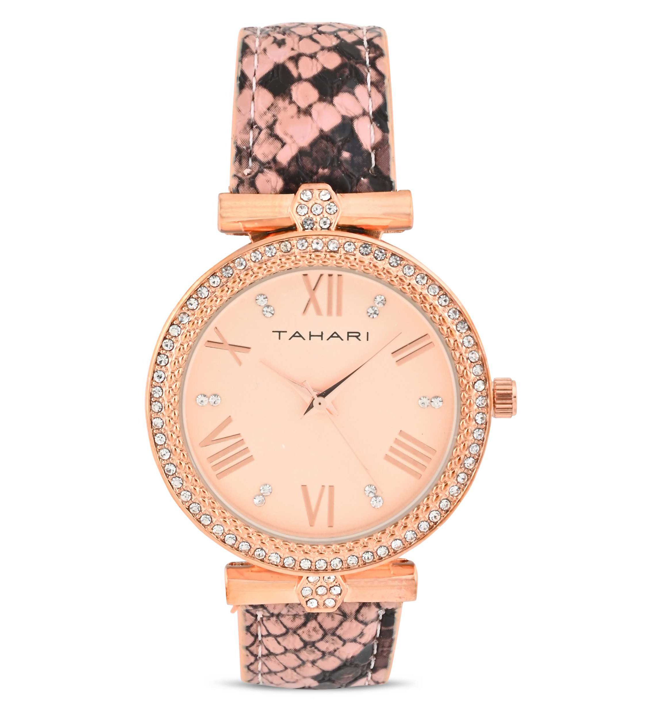 Tahari Adult Womens Analog Watch w Gold Dial and Pink Snakeskin Strap Model# TAH3067