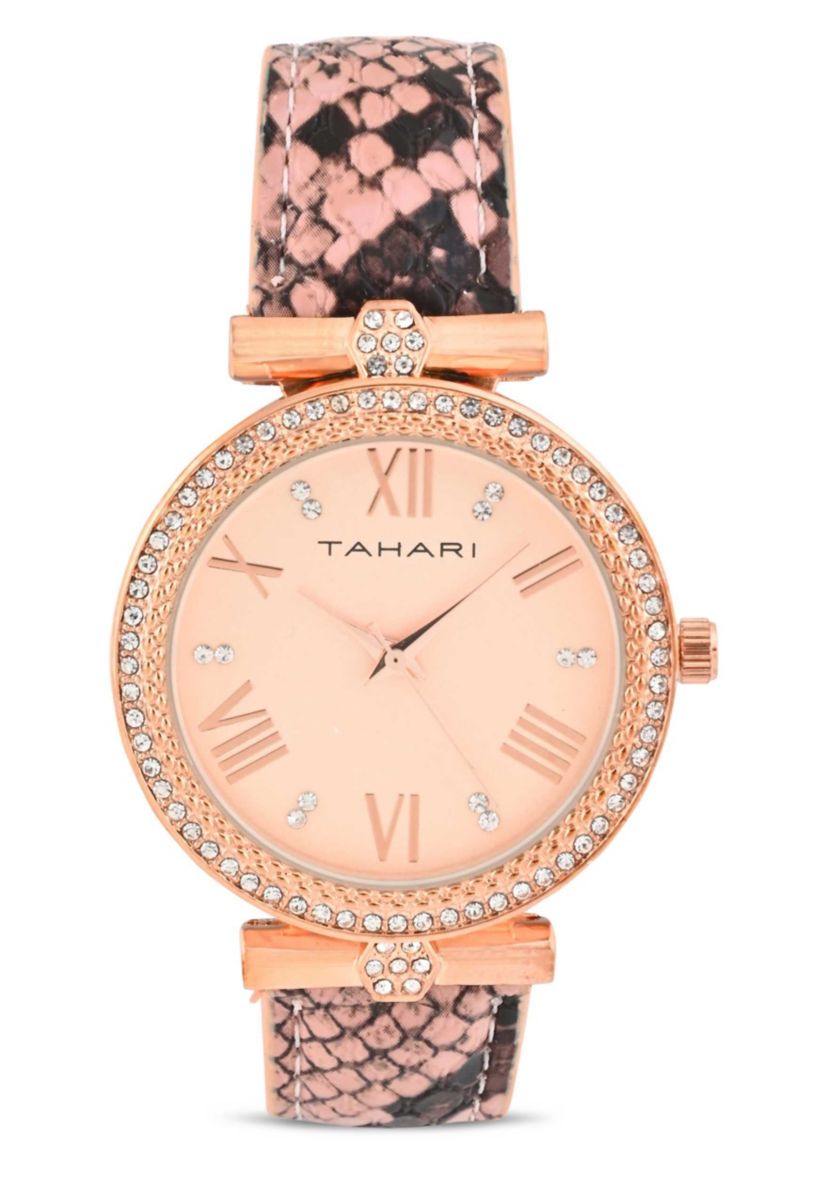 Tahari Adult Womens Analog Watch w Gold Dial and Pink Snakeskin Strap Model# TAH3067