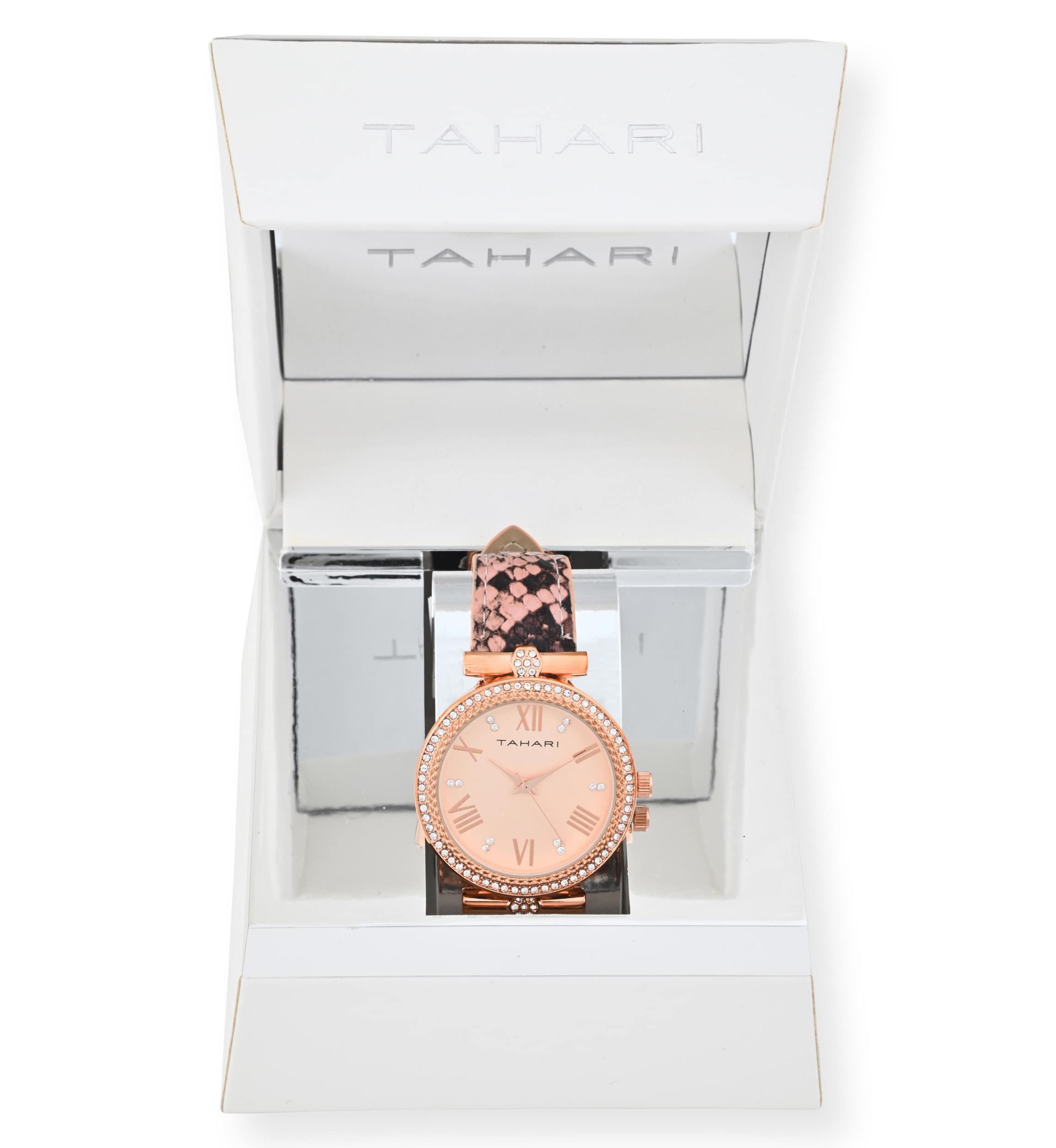 Tahari Adult Womens Analog Watch w Gold Dial and Pink Snakeskin Strap Model# TAH3067