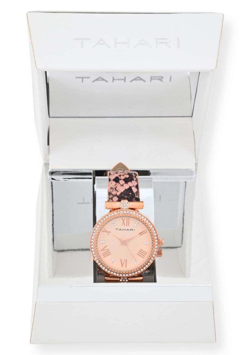 Tahari Adult Womens Analog Watch w Gold Dial and Pink Snakeskin Strap Model# TAH3067