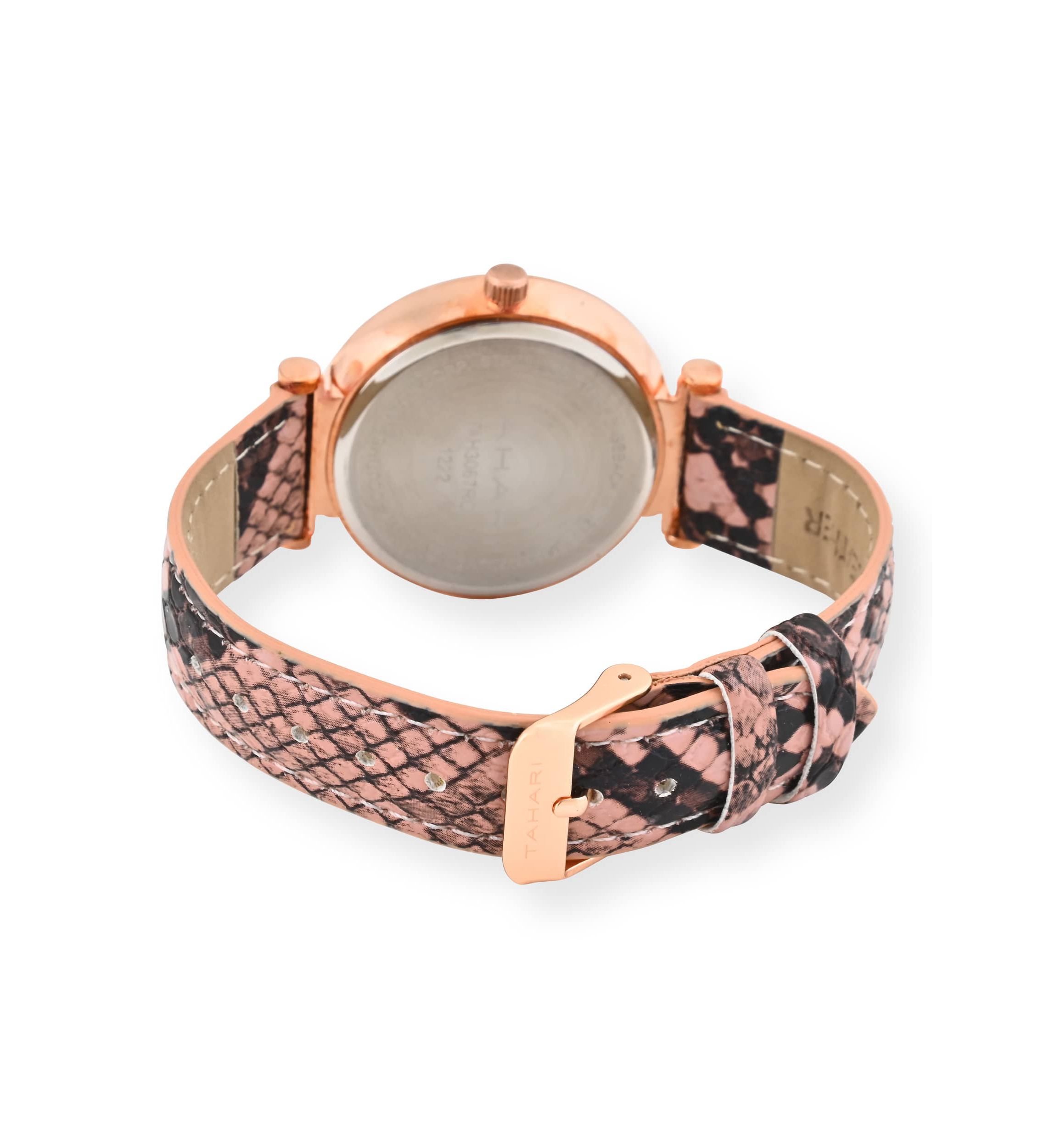 Tahari Adult Womens Analog Watch w Gold Dial and Pink Snakeskin Strap Model# TAH3067