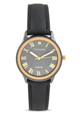 Tahari Adult Womens Analog Watch w Gold Case Black Dial with Black Strap w Genuine Diamond Model# TAH3121