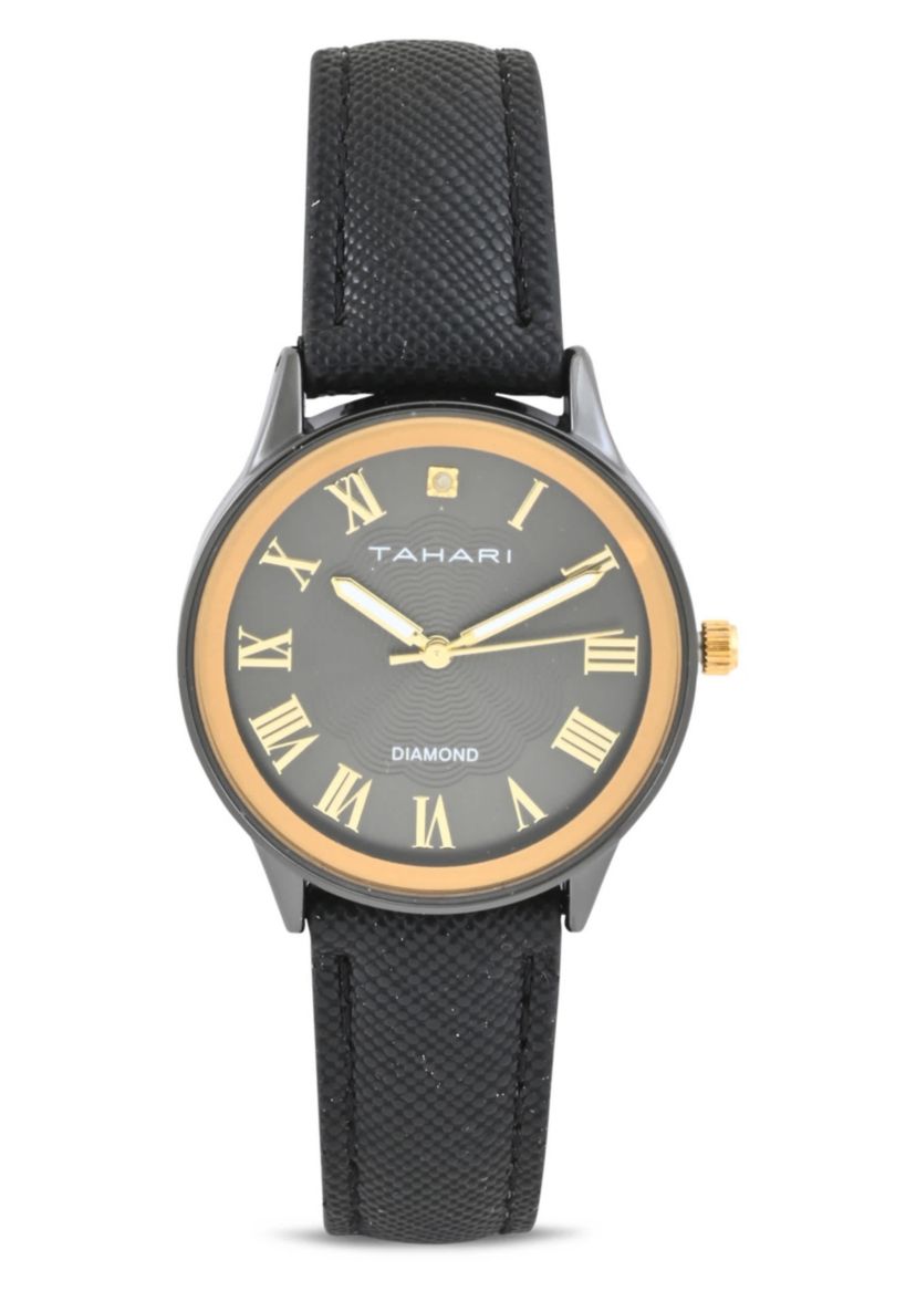 Tahari Adult Womens Analog Watch w Gold Case Black Dial with Black Strap w Genuine Diamond Model# TAH3121