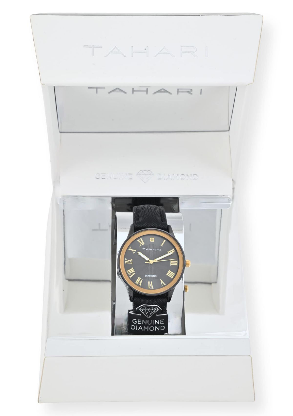 Tahari Adult Womens Analog Watch w Gold Case Black Dial with Black Strap w Genuine Diamond Model# TAH3121