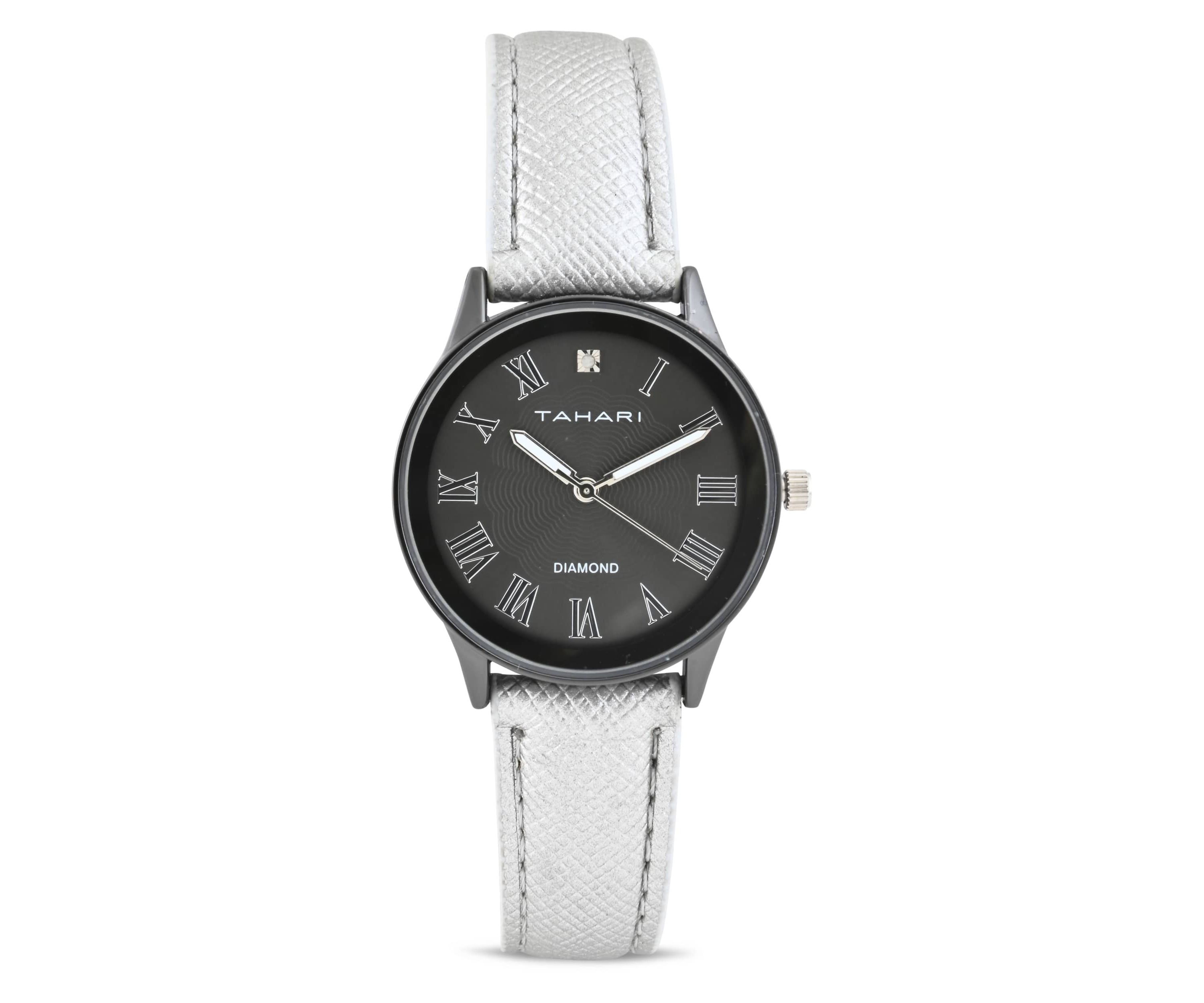 Tahari Adult Womens Analog Watch w Silver Case Black Dial with Silver Strap w Genuine Diamond Model# TAH3122