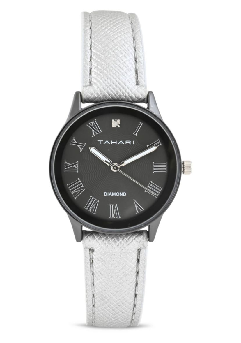 Tahari Adult Womens Analog Watch w Silver Case Black Dial with Silver Strap w Genuine Diamond Model# TAH3122