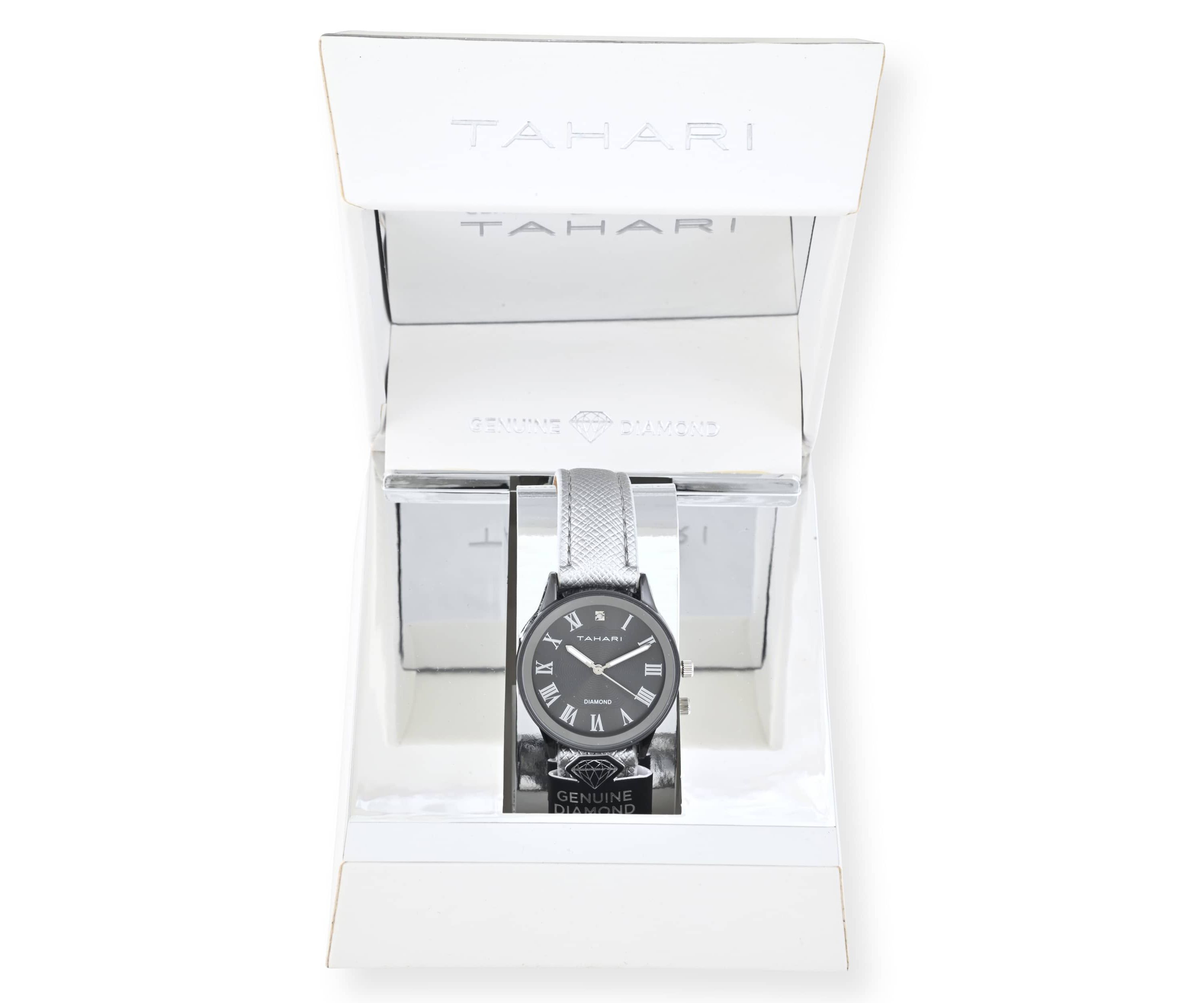 Tahari Adult Womens Analog Watch w Silver Case Black Dial with Silver Strap w Genuine Diamond Model# TAH3122