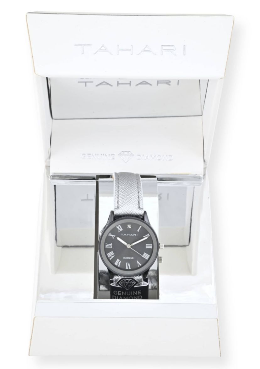 Tahari Adult Womens Analog Watch w Silver Case Black Dial with Silver Strap w Genuine Diamond Model# TAH3122