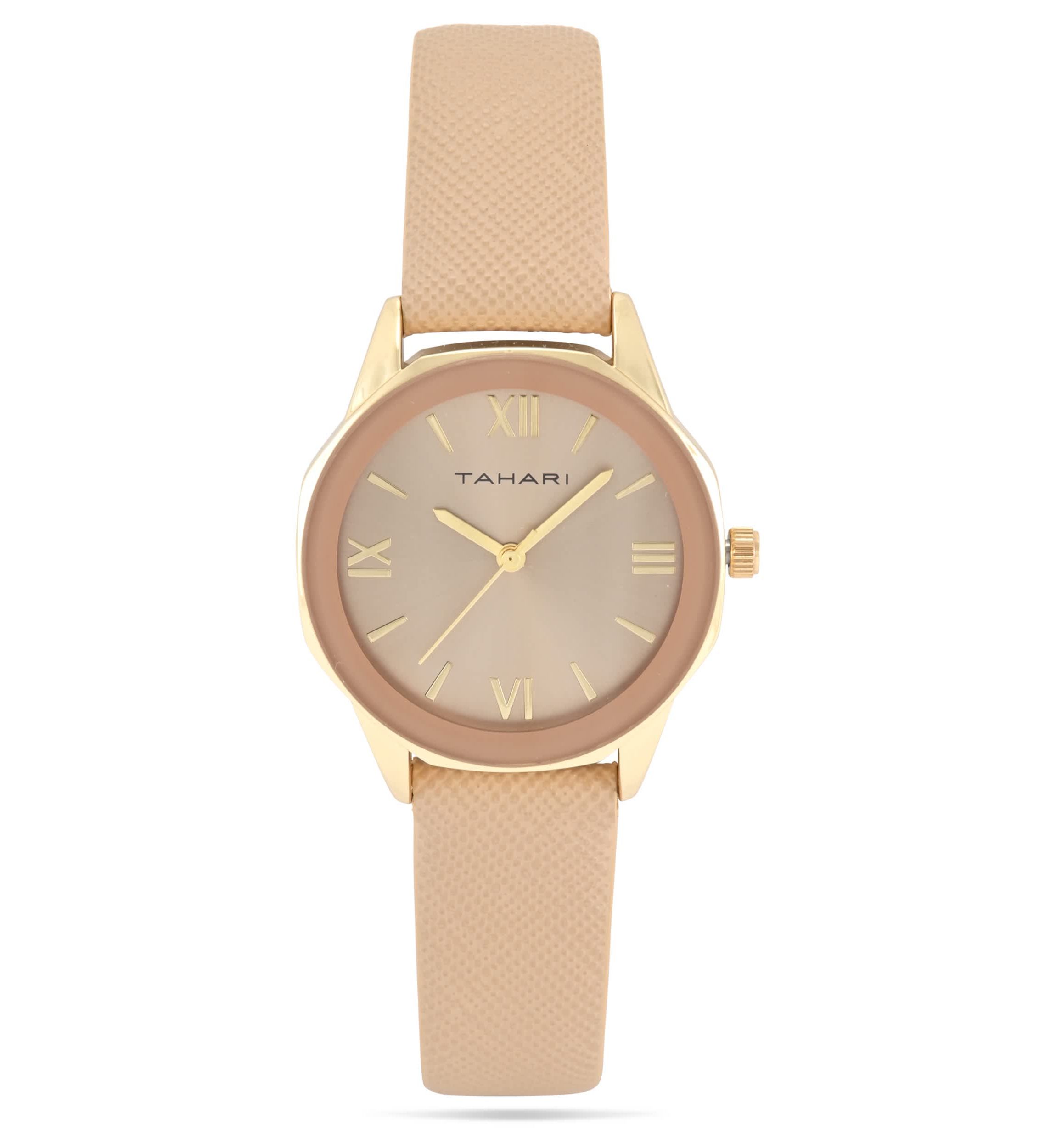 Tahari Adult Womens Analog Watch w Gold Case Nude Color Dial with Nude Strap Model# TAH3136