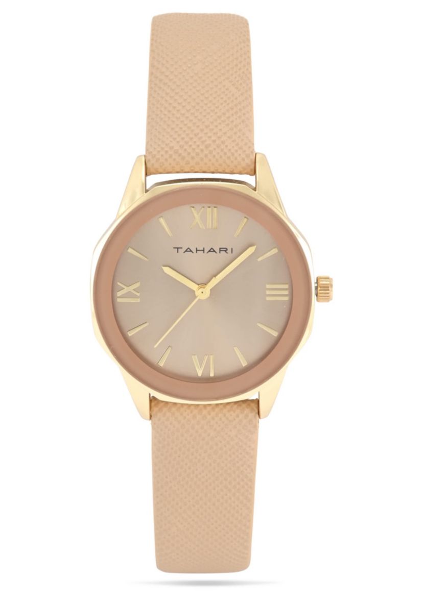 Tahari Adult Womens Analog Watch w Gold Case Nude Color Dial with Nude Strap Model# TAH3136