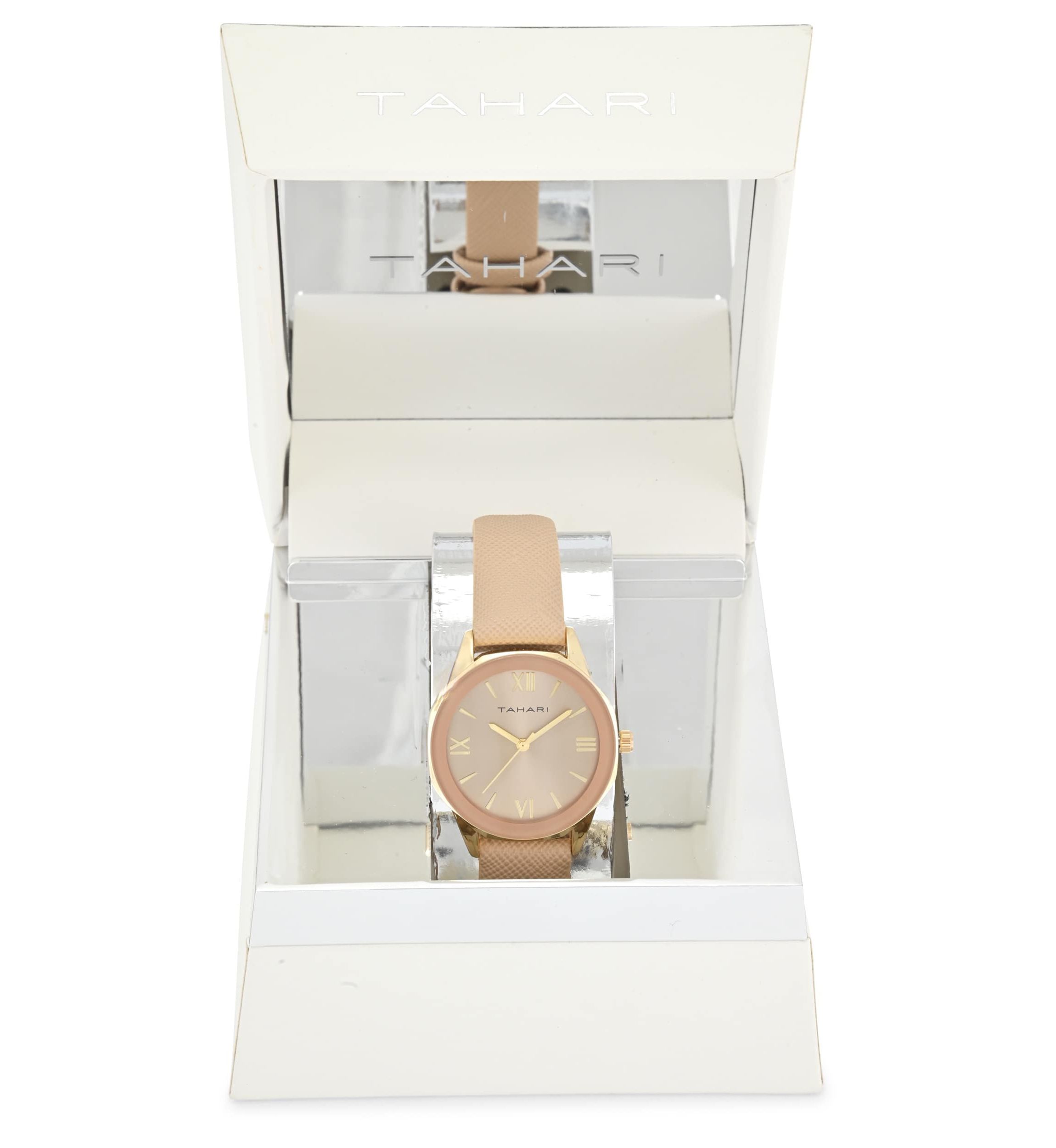 Tahari Adult Womens Analog Watch w Gold Case Nude Color Dial with Nude Strap Model# TAH3136