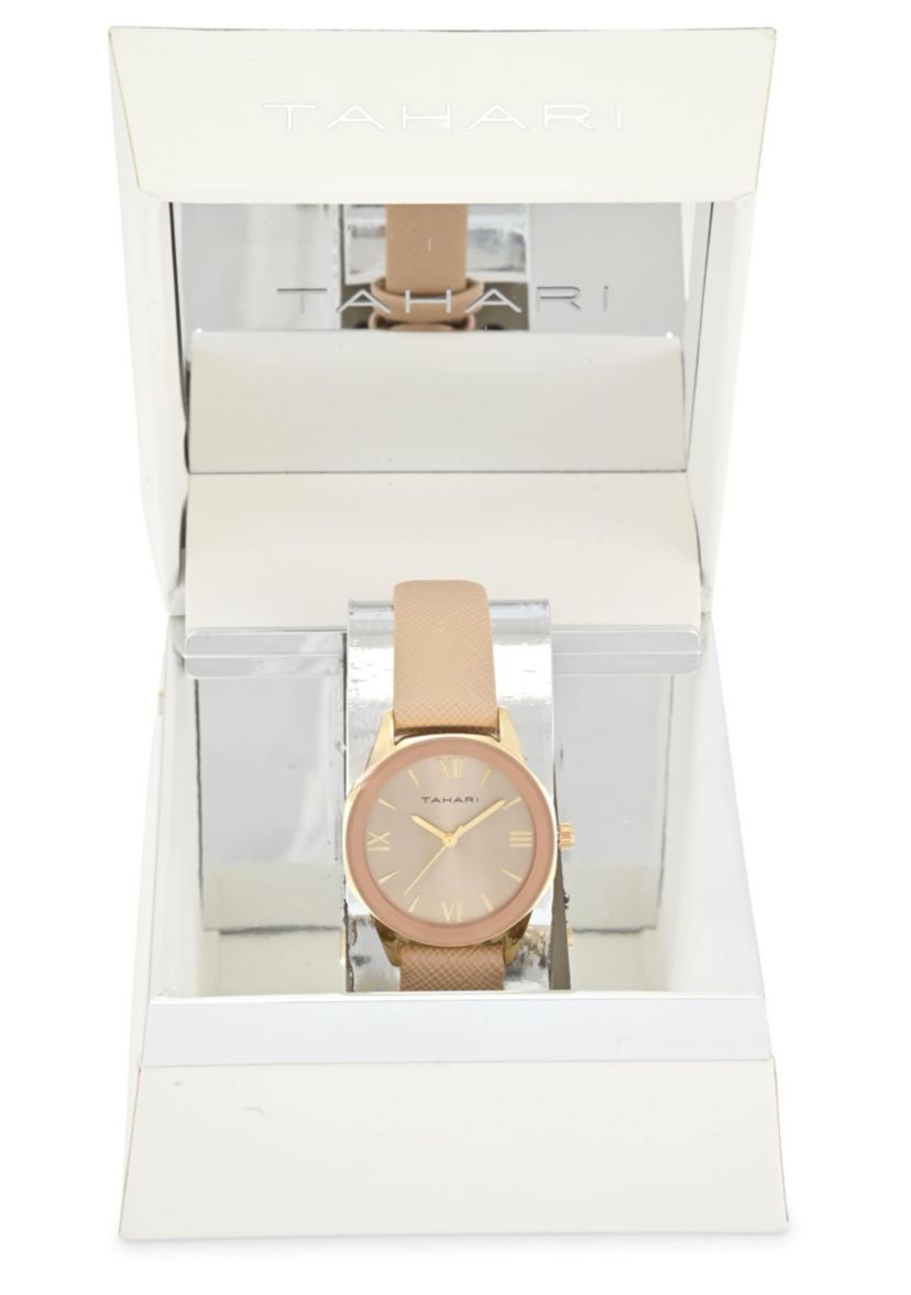 Tahari Adult Womens Analog Watch w Gold Case Nude Color Dial with Nude Strap Model# TAH3136