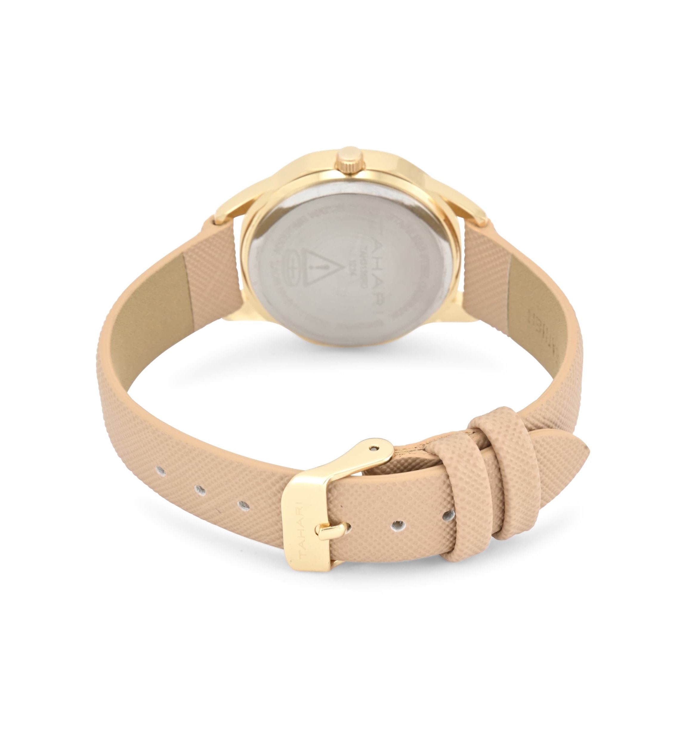 Tahari Adult Womens Analog Watch w Gold Case Nude Color Dial with Nude Strap Model# TAH3136