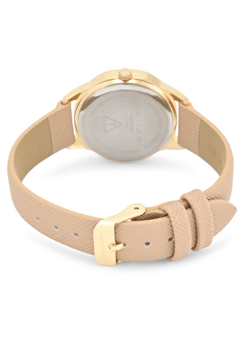 Tahari Adult Womens Analog Watch w Gold Case Nude Color Dial with Nude Strap Model# TAH3136
