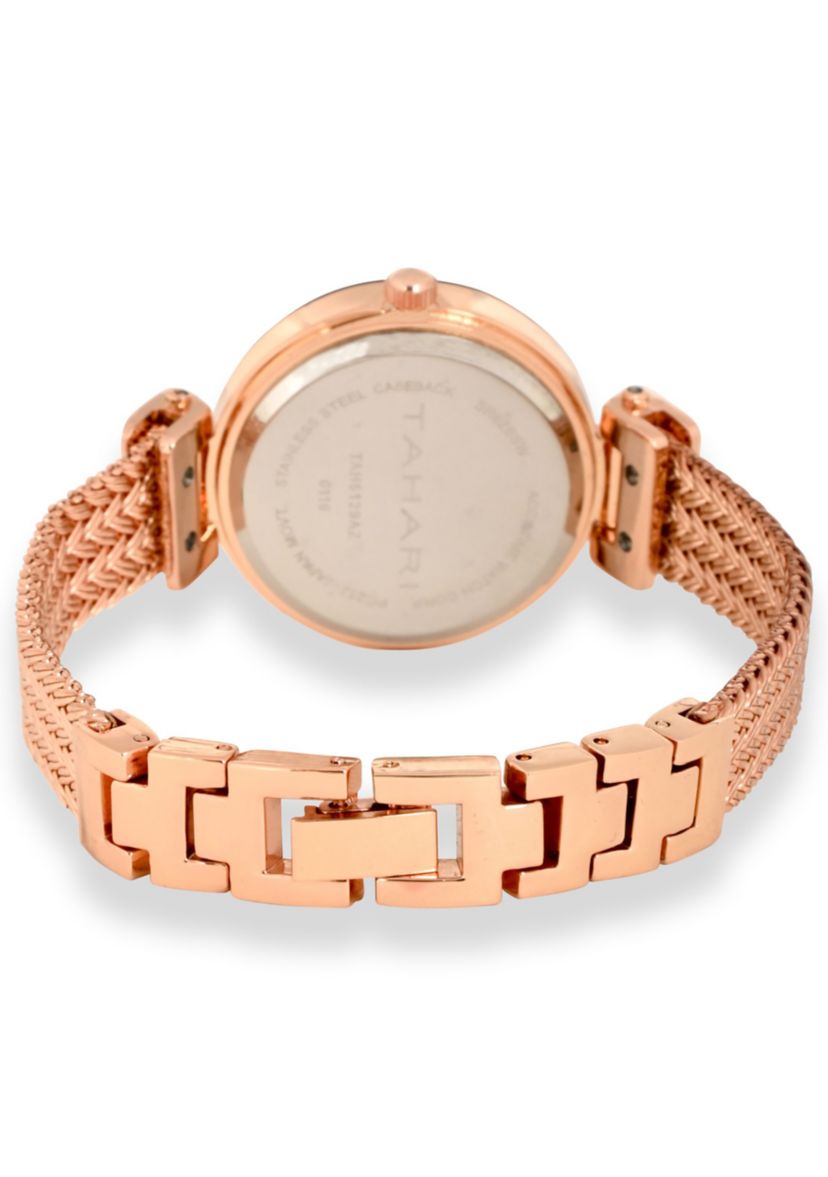 TAHARI Ladies Rose Herringbone Patterned Mesh Bracelt Watch