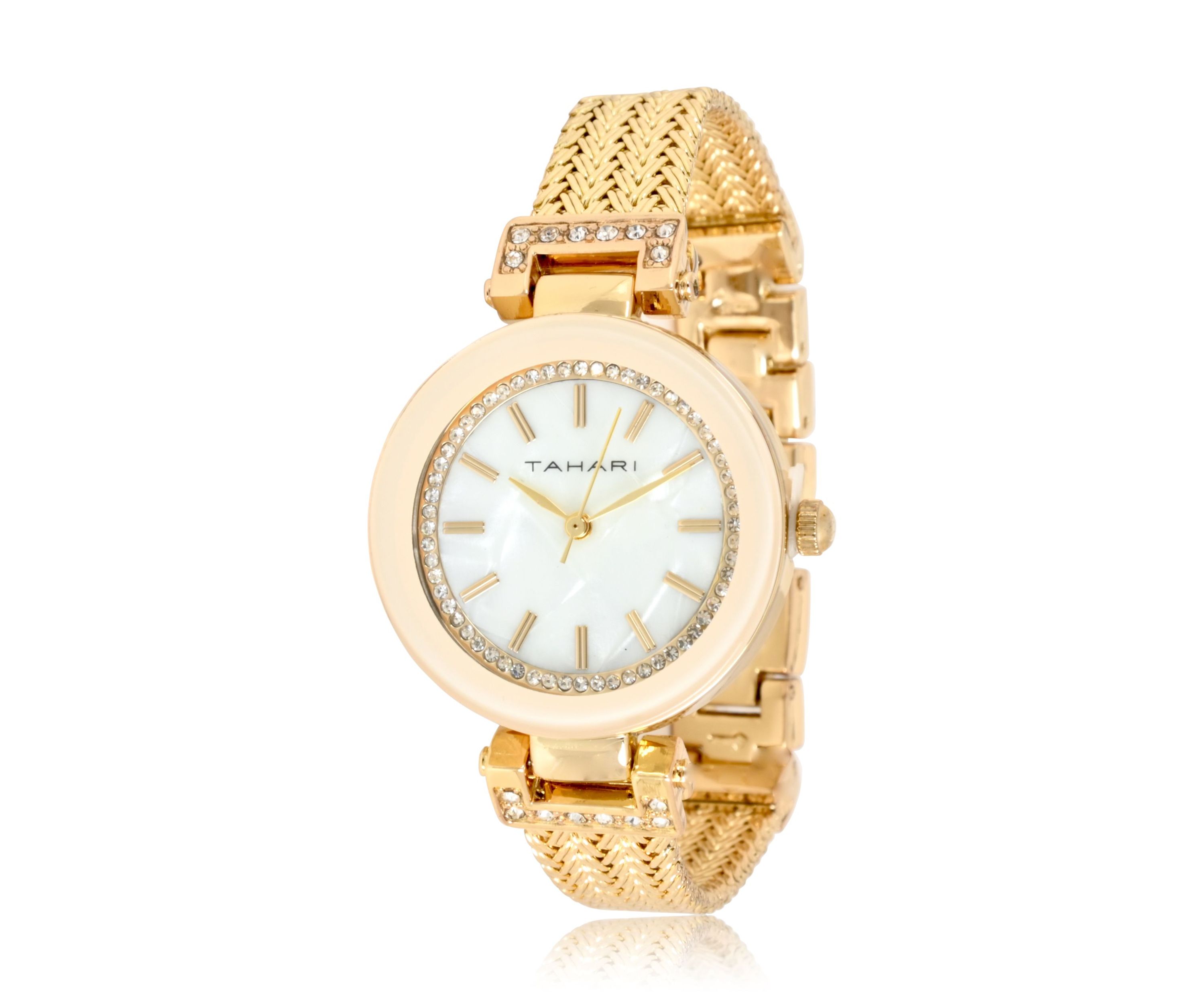 TAHARI Ladies Goldtoned Herringbone Patterned Mesh Bracelt Watch