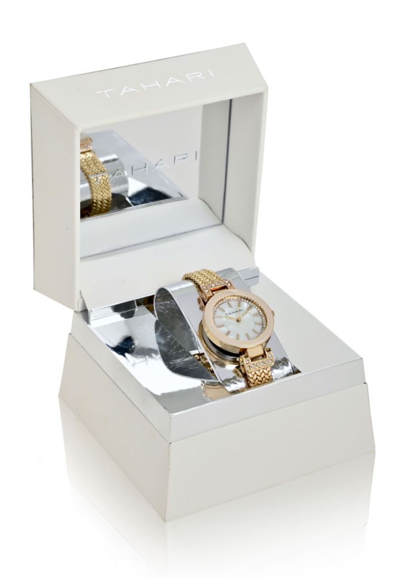 TAHARI Ladies Goldtoned Herringbone Patterned Mesh Bracelt Watch