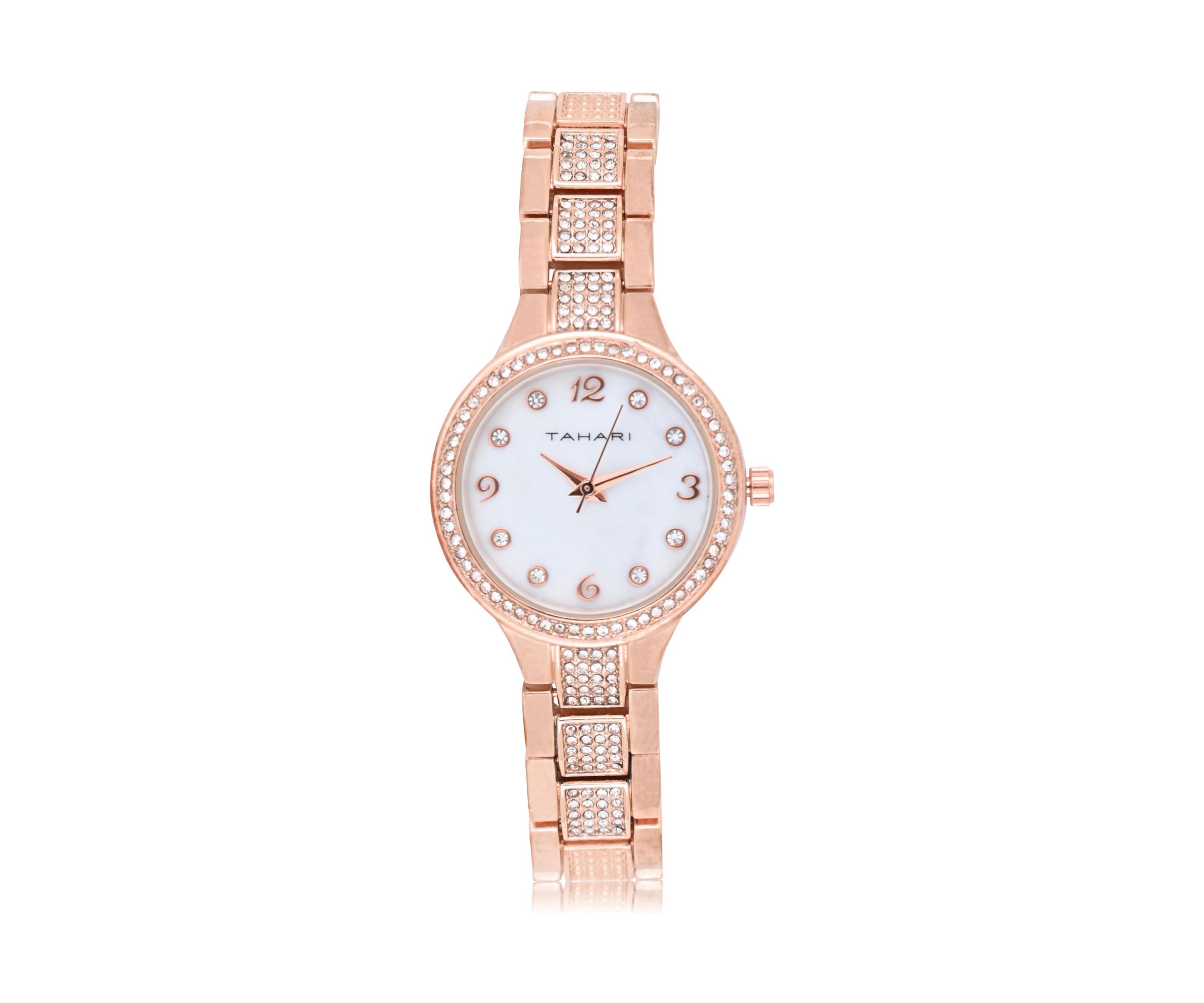 TAHARI Ladies Rose Goldtone Bracelet Watch with Crystal Links