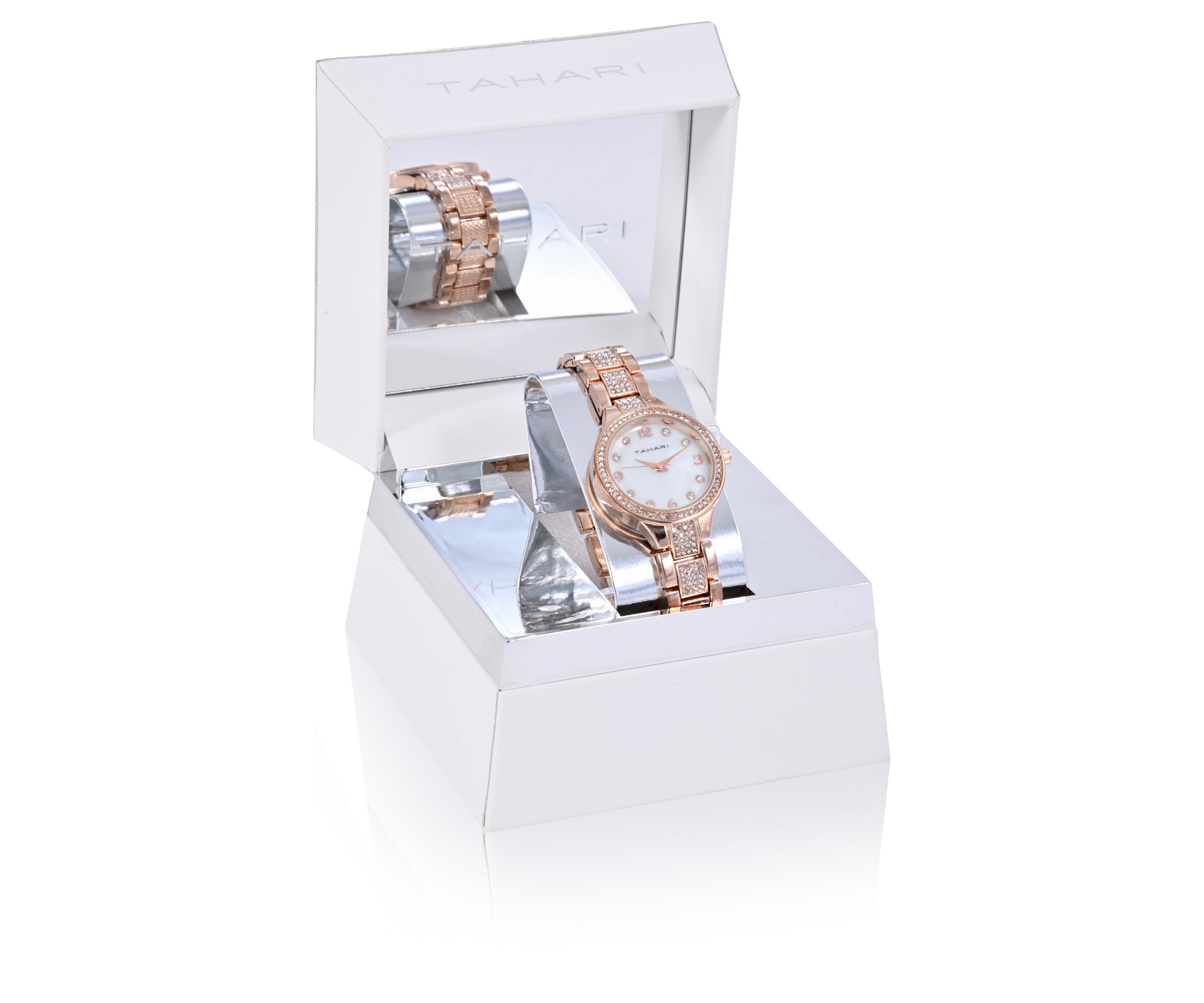 TAHARI Ladies Rose Goldtone Bracelet Watch with Crystal Links