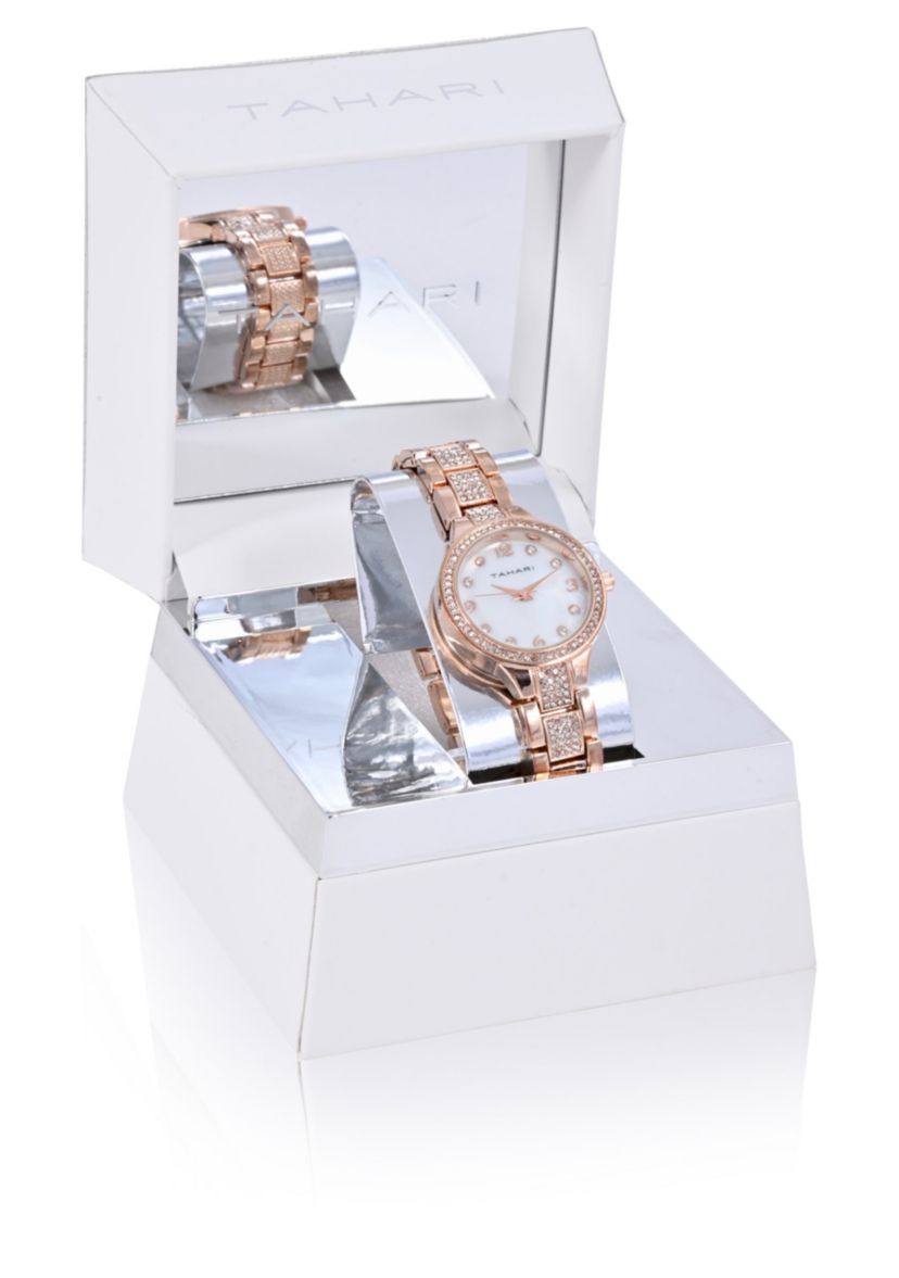 TAHARI Ladies Rose Goldtone Bracelet Watch with Crystal Links