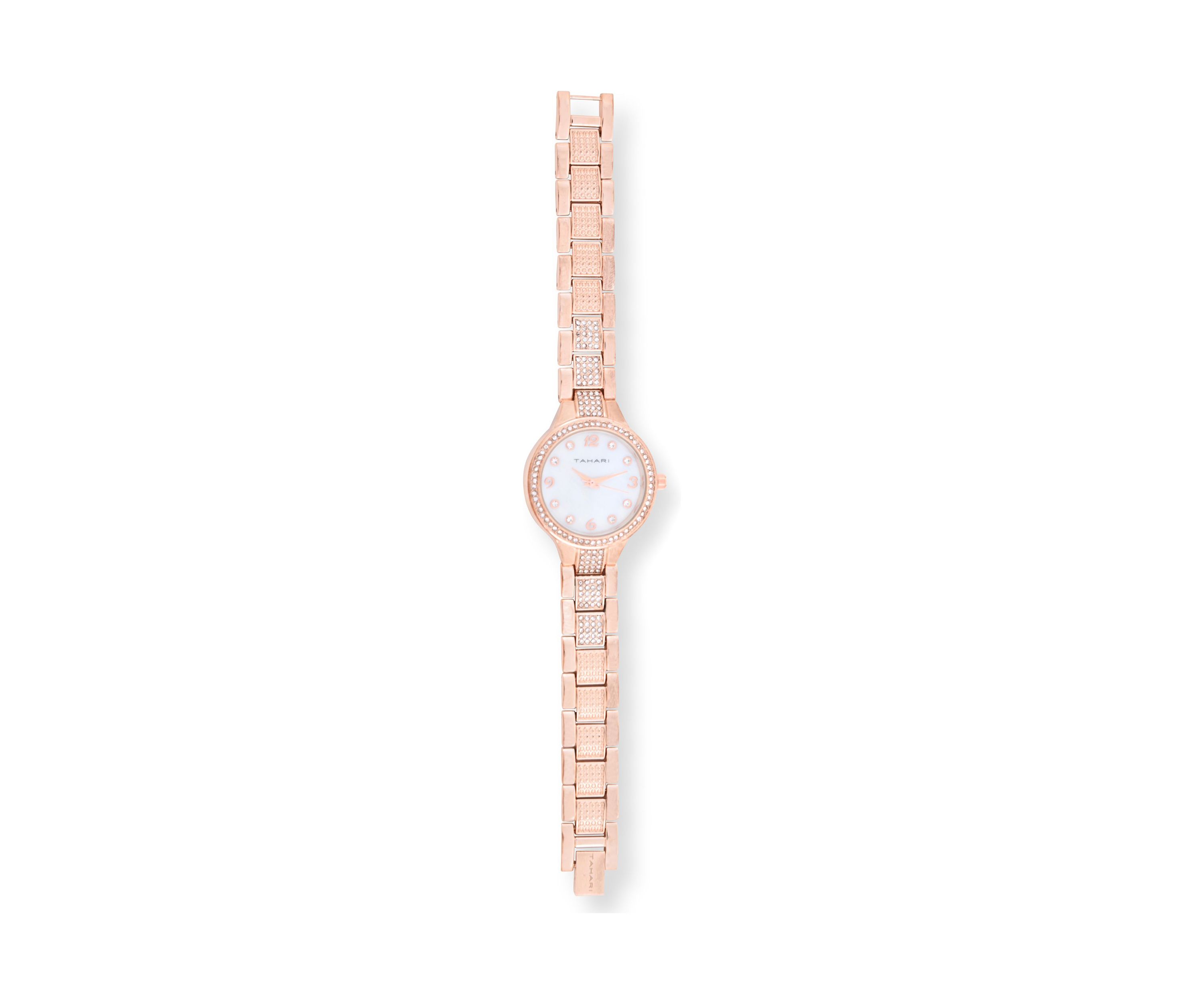TAHARI Ladies Rose Goldtone Bracelet Watch with Crystal Links