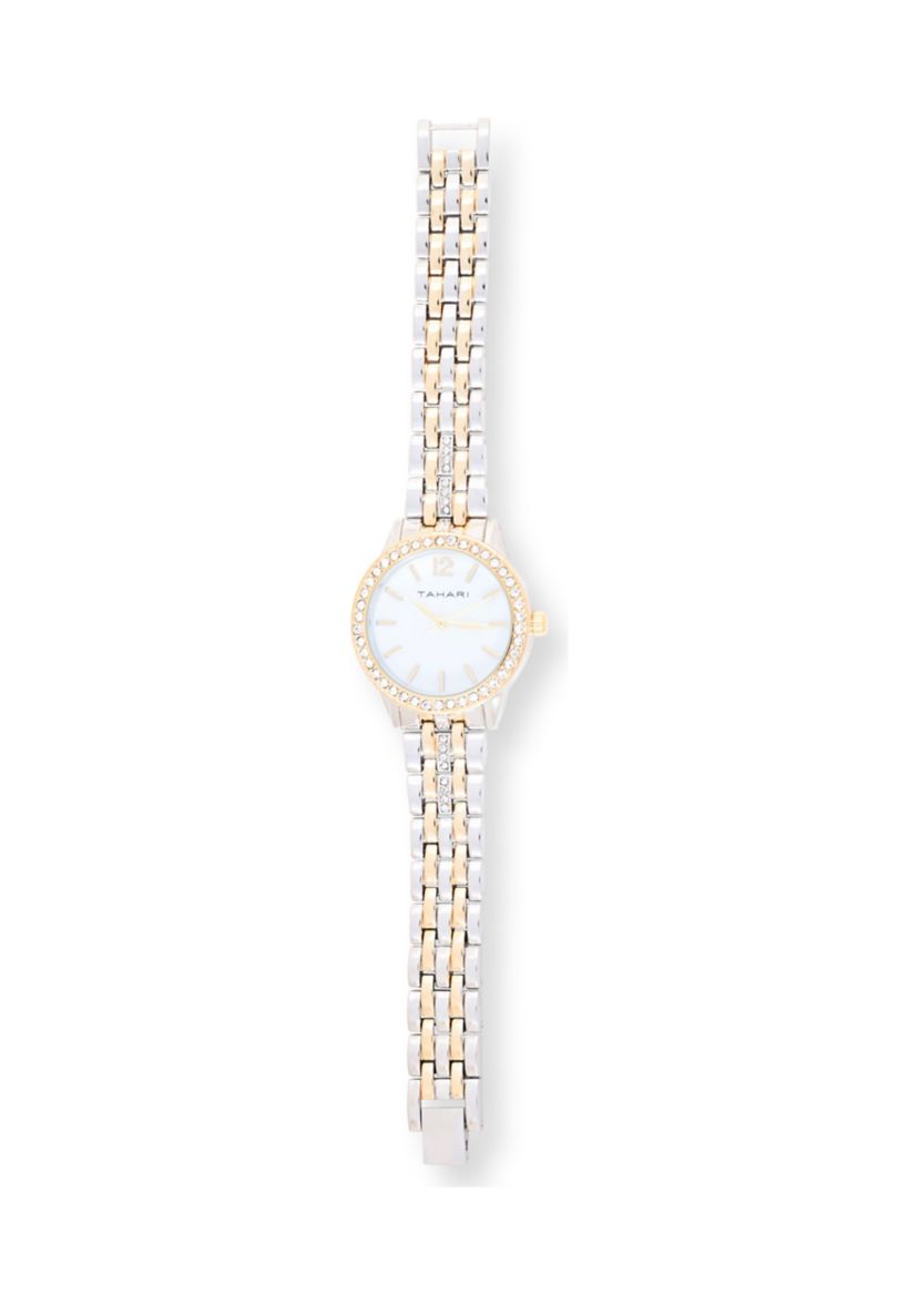 TAHARI Ladies Two Tone Bracelet Watch with Stone Accents