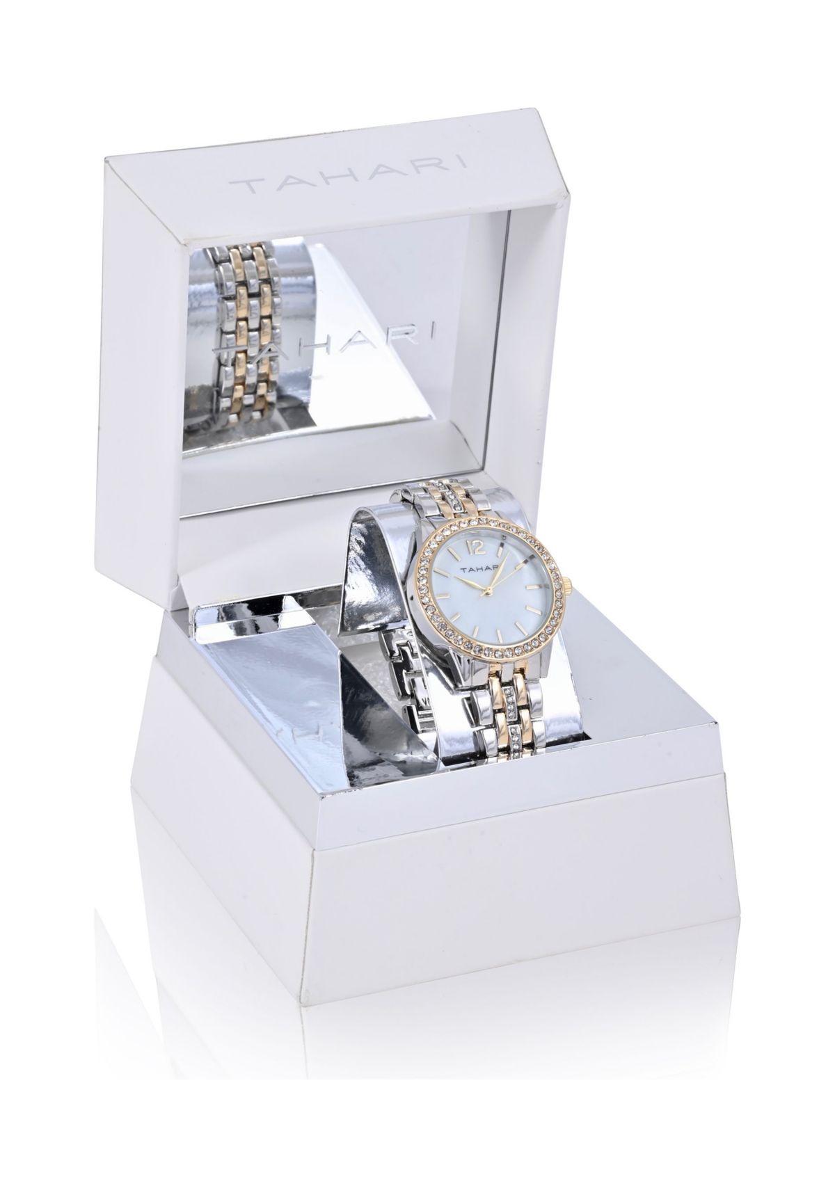 TAHARI Ladies Two Tone Bracelet Watch with Stone Accents