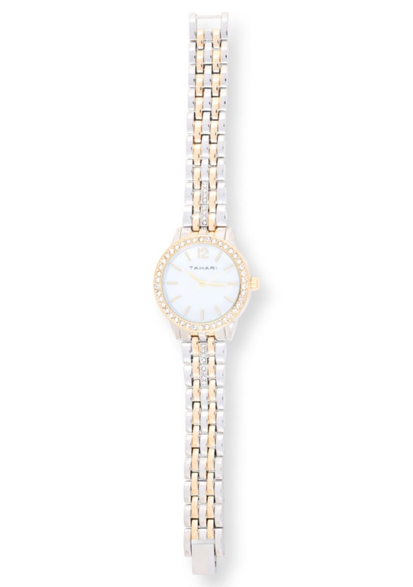 TAHARI Ladies Two Tone Bracelet Watch with Stone Accents