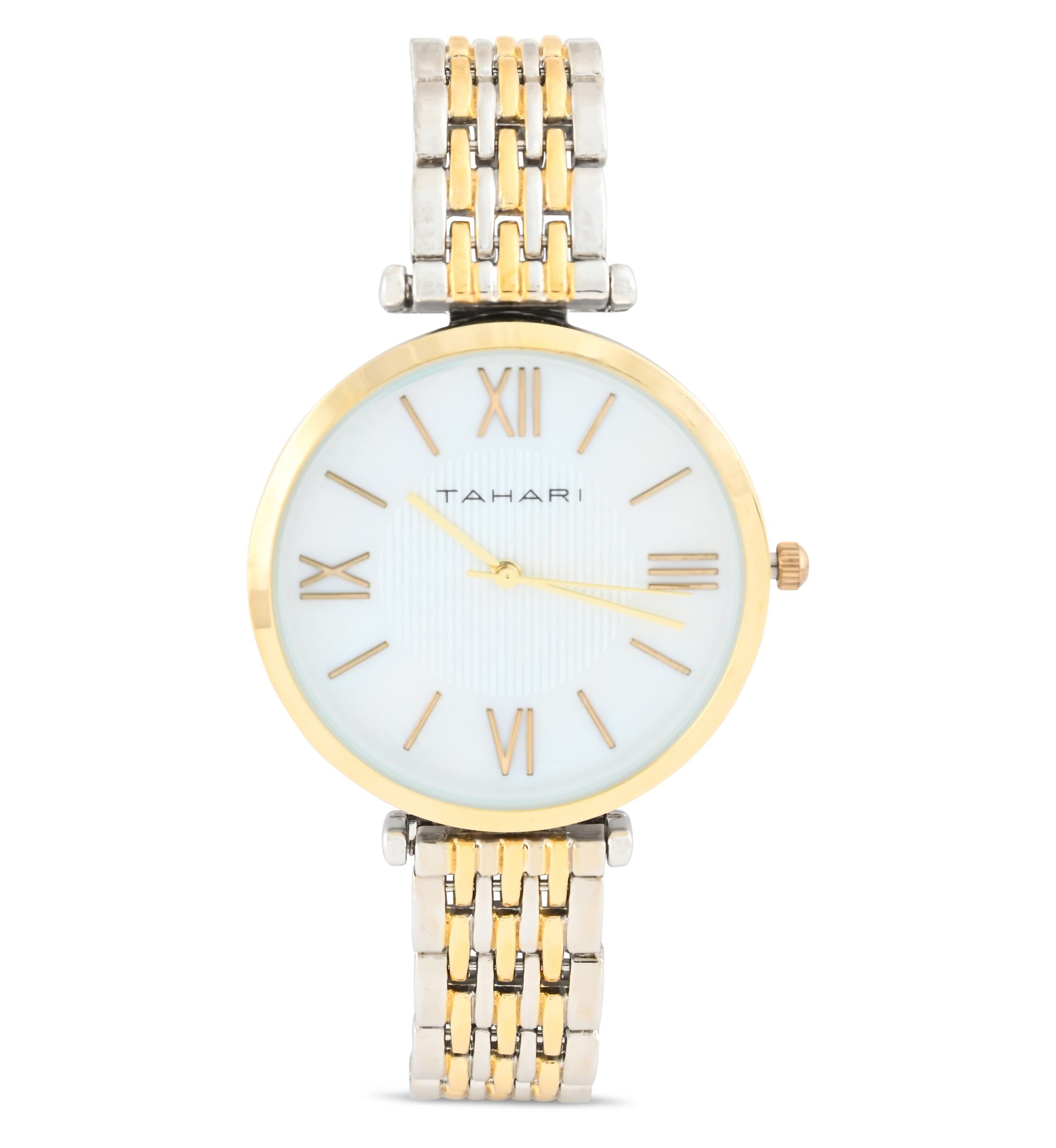 Tahari Adult Womens Analog Watch w Gold Case and Two-Tone Gold Silver Dial and Bracelet Model# TAH5522