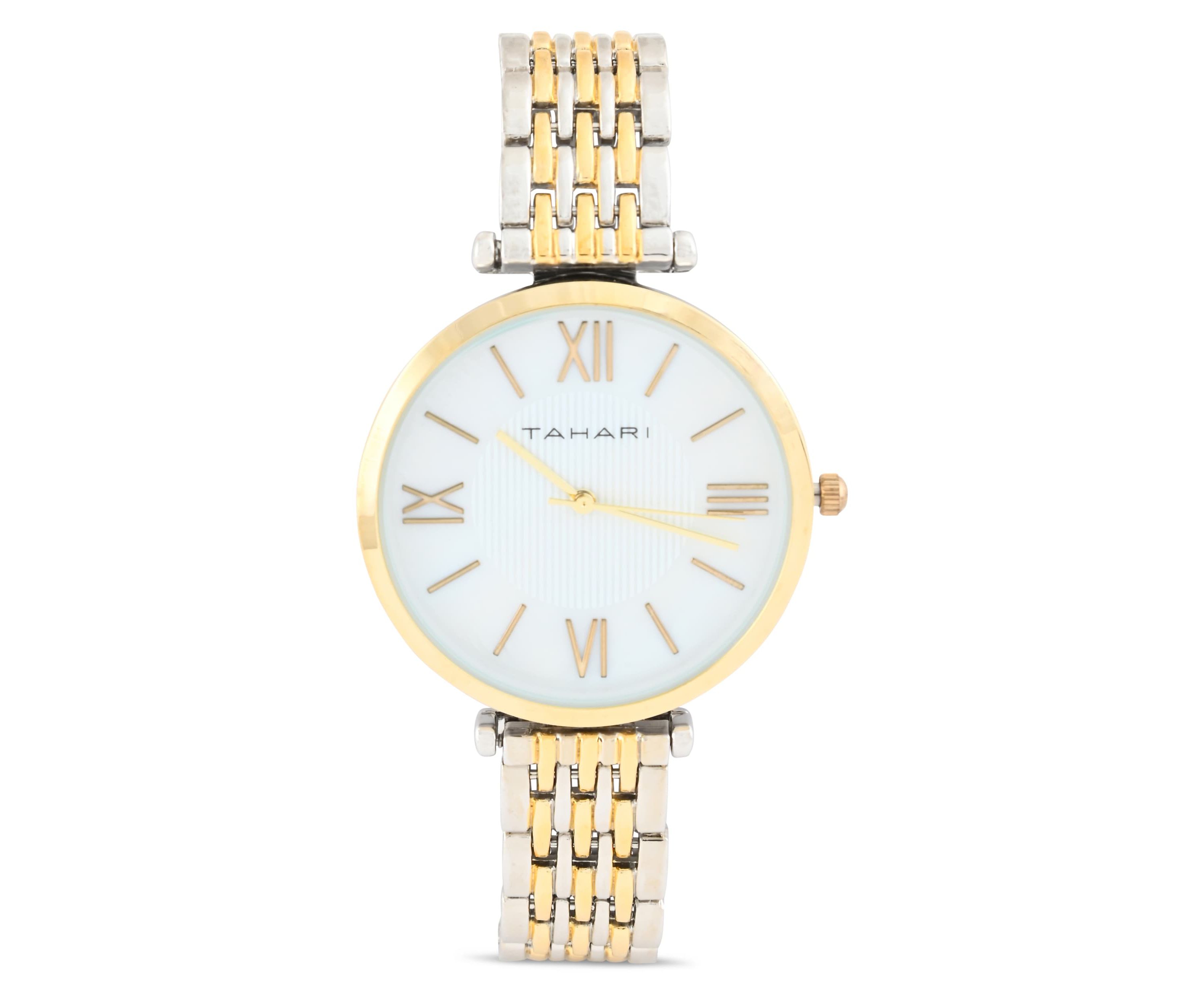 Tahari Adult Womens Analog Watch w Gold Case and Two-Tone Gold Silver Dial and Bracelet Model# TAH5522