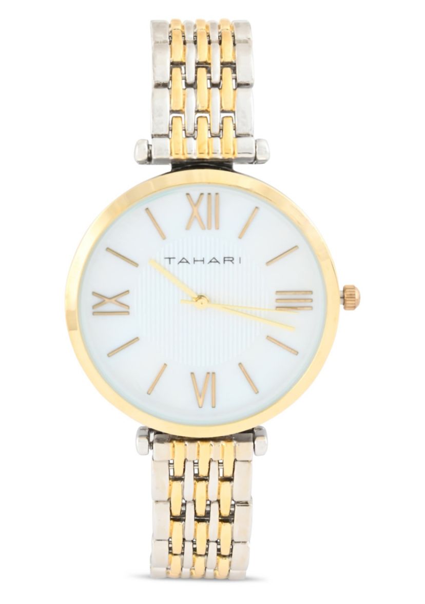 Tahari Adult Womens Analog Watch w Gold Case and Two-Tone Gold Silver Dial and Bracelet Model# TAH5522