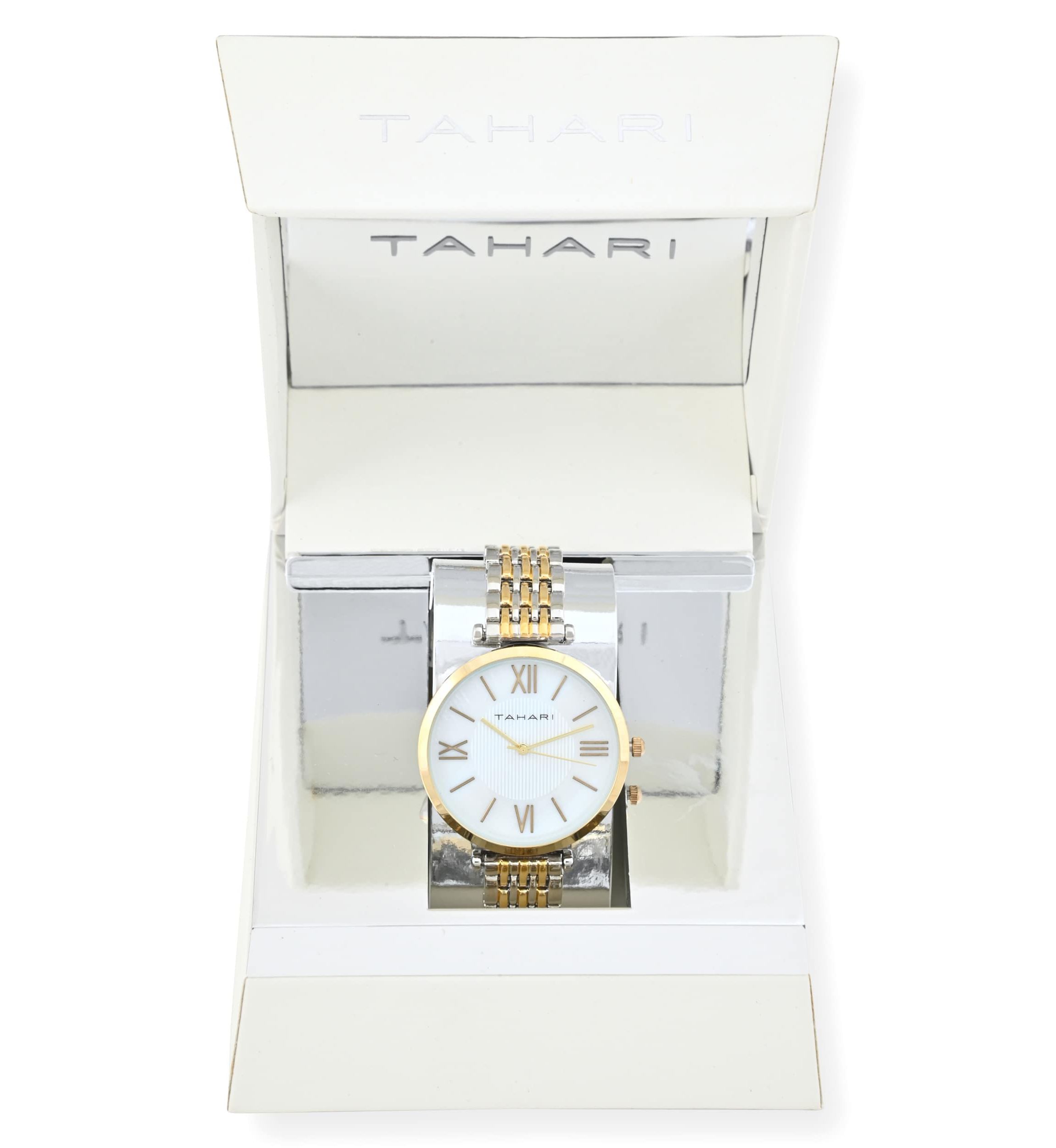 Tahari Adult Womens Analog Watch w Gold Case and Two-Tone Gold Silver Dial and Bracelet Model# TAH5522