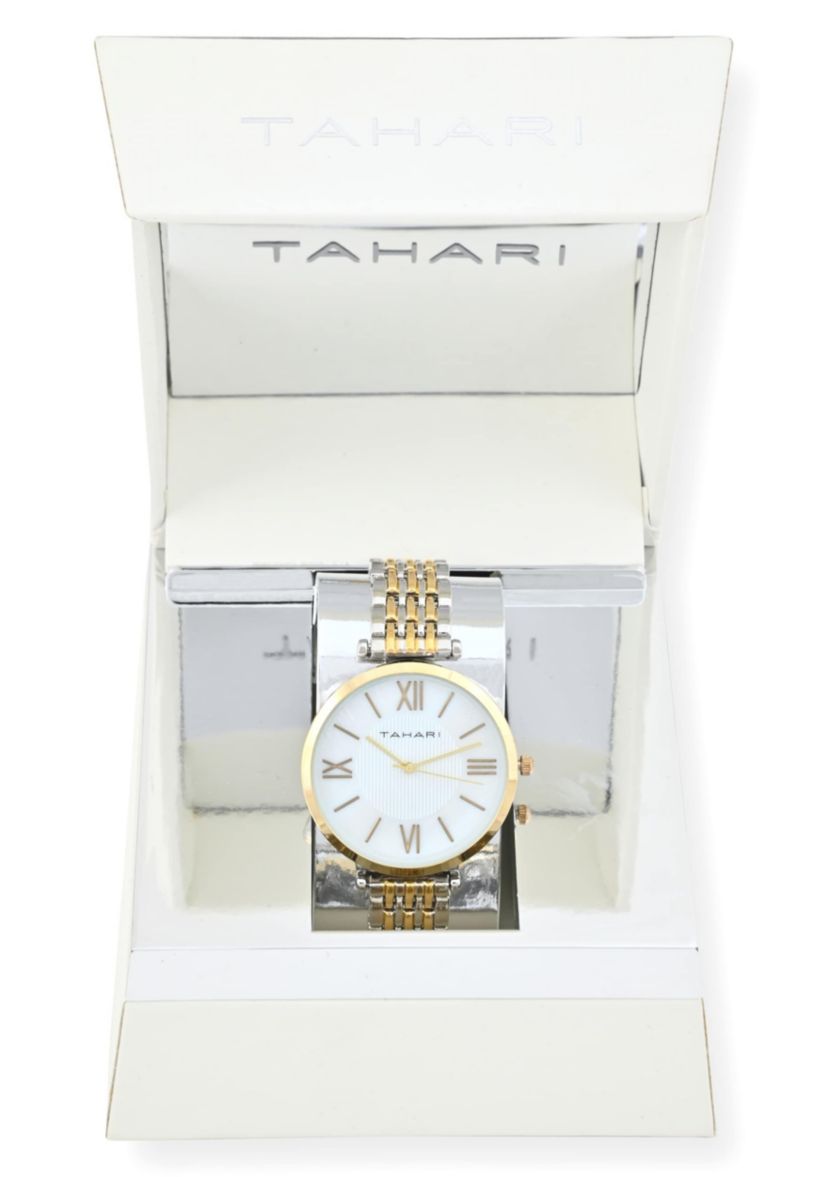 Tahari Adult Womens Analog Watch w Gold Case and Two-Tone Gold Silver Dial and Bracelet Model# TAH5522