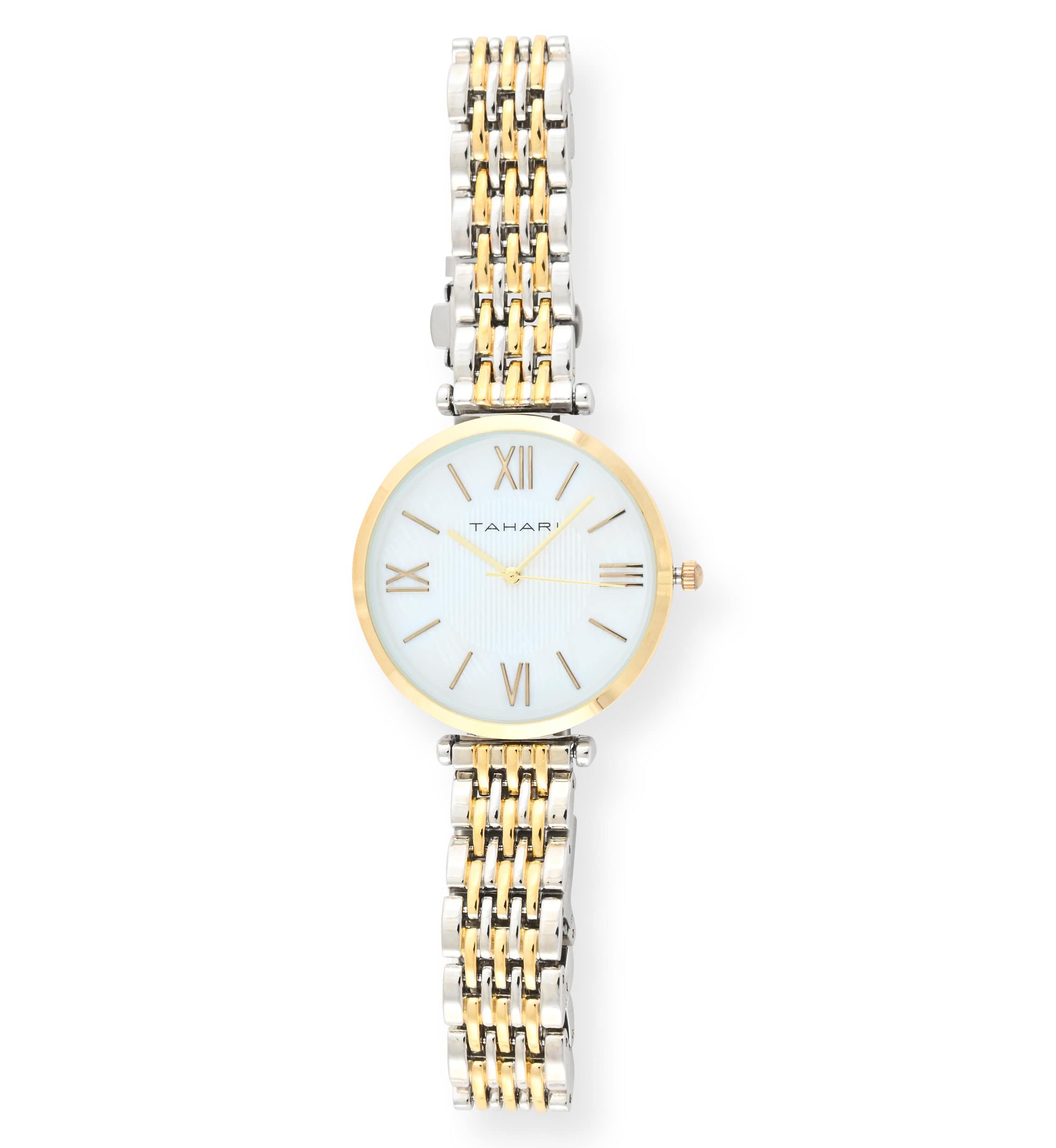 Tahari Adult Womens Analog Watch w Gold Case and Two-Tone Gold Silver Dial and Bracelet Model# TAH5522