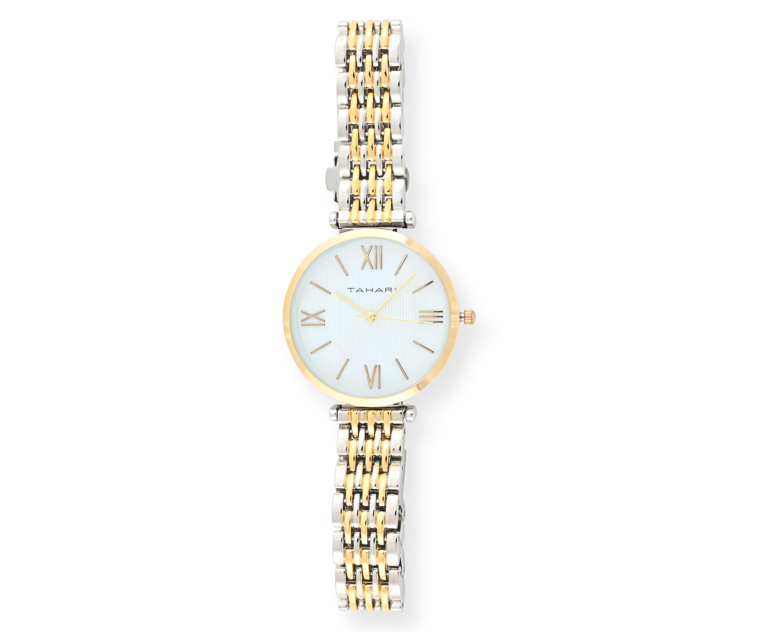 Tahari Adult Womens Analog Watch w Gold Case and Two-Tone Gold Silver Dial and Bracelet Model# TAH5522