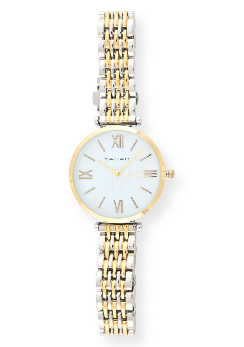 Tahari Adult Womens Analog Watch w Gold Case and Two-Tone Gold Silver Dial and Bracelet Model# TAH5522