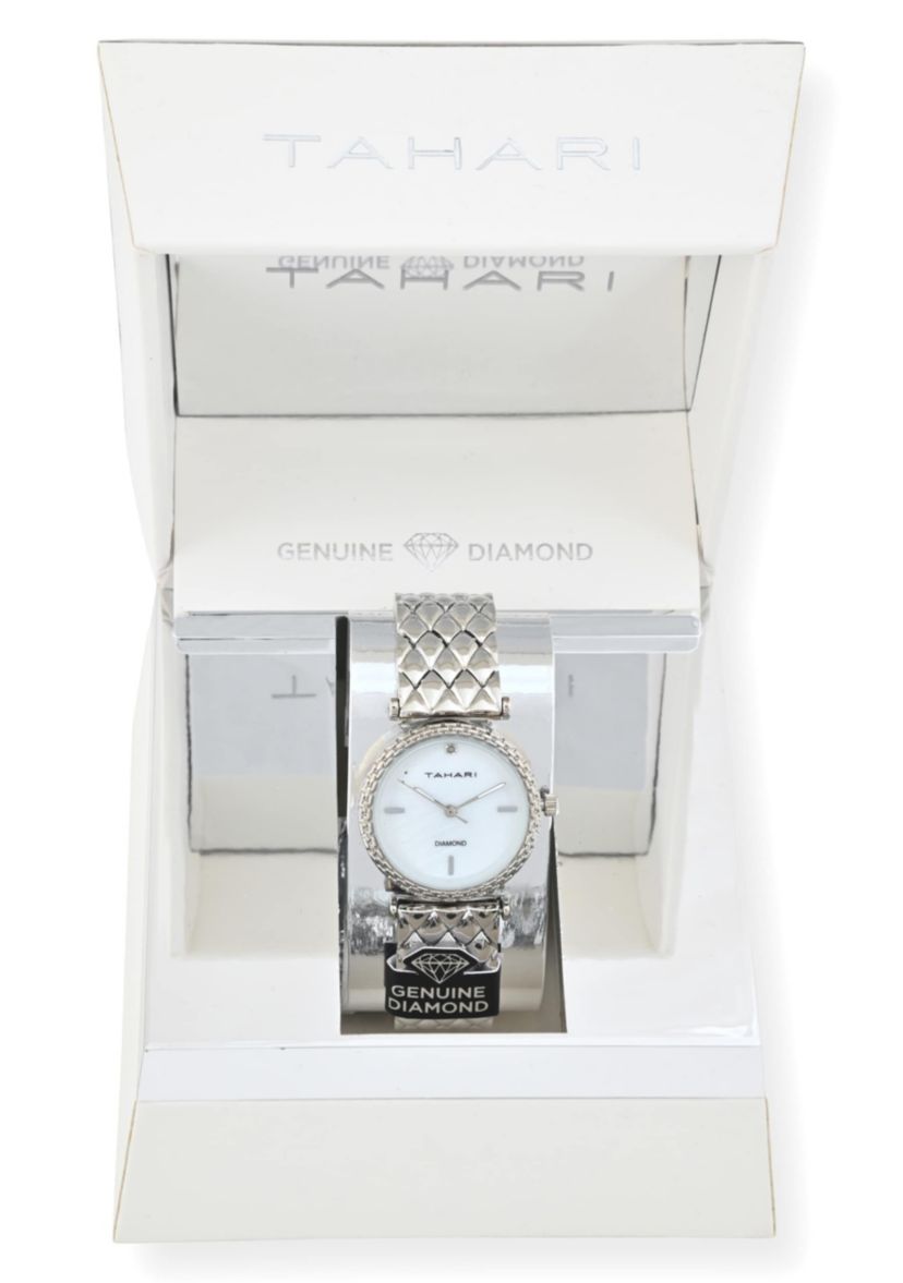 Tahari Adult Womens Analog Watch w Silver Case Dial and Bracelet w Genuine Diamond at 12  Model# TAH5693