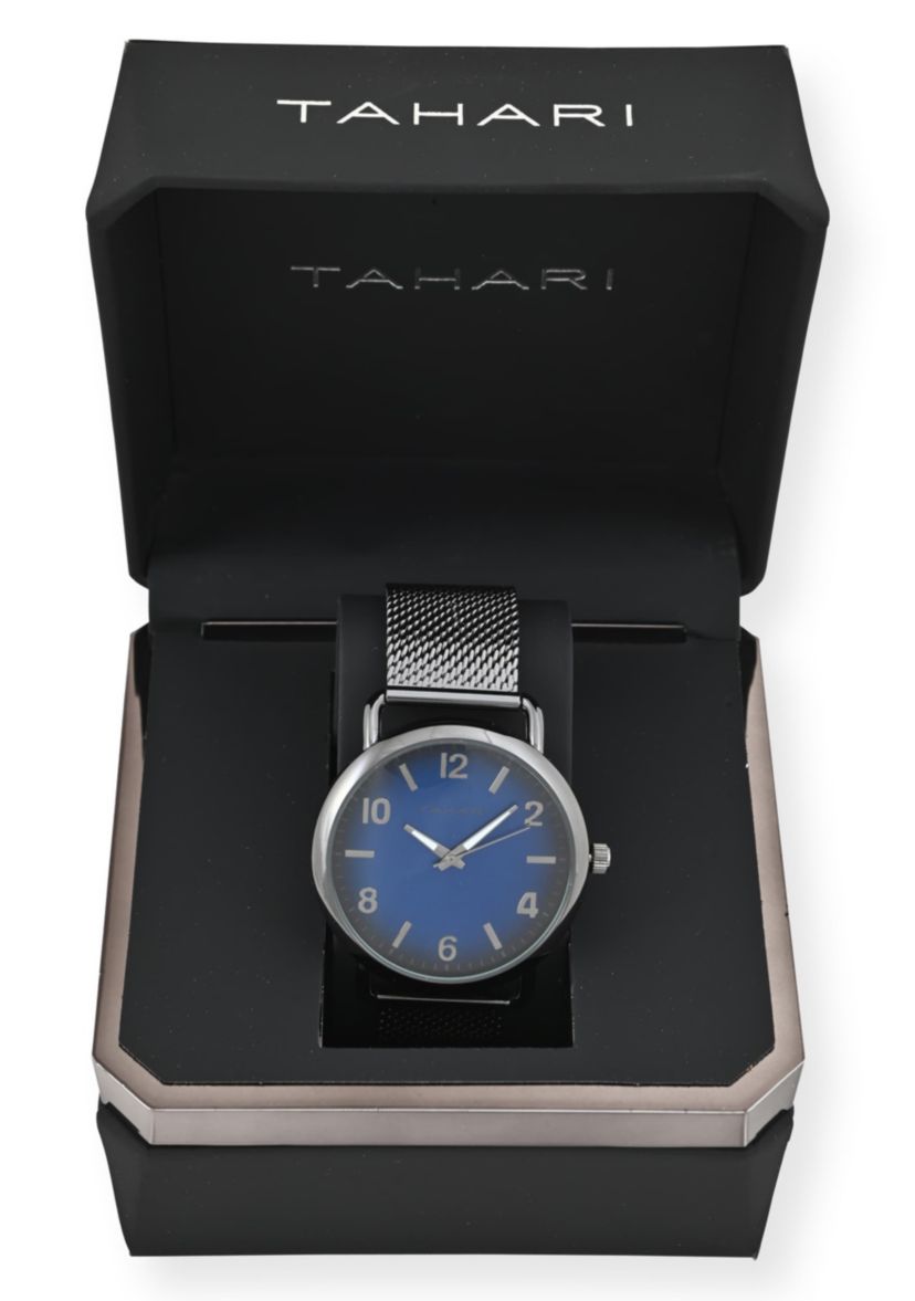 Tahari Adult Mens Analog Watch with Gun Metal Case Blue Dial and Gun Metal Mesh Strap Model# TAH60041