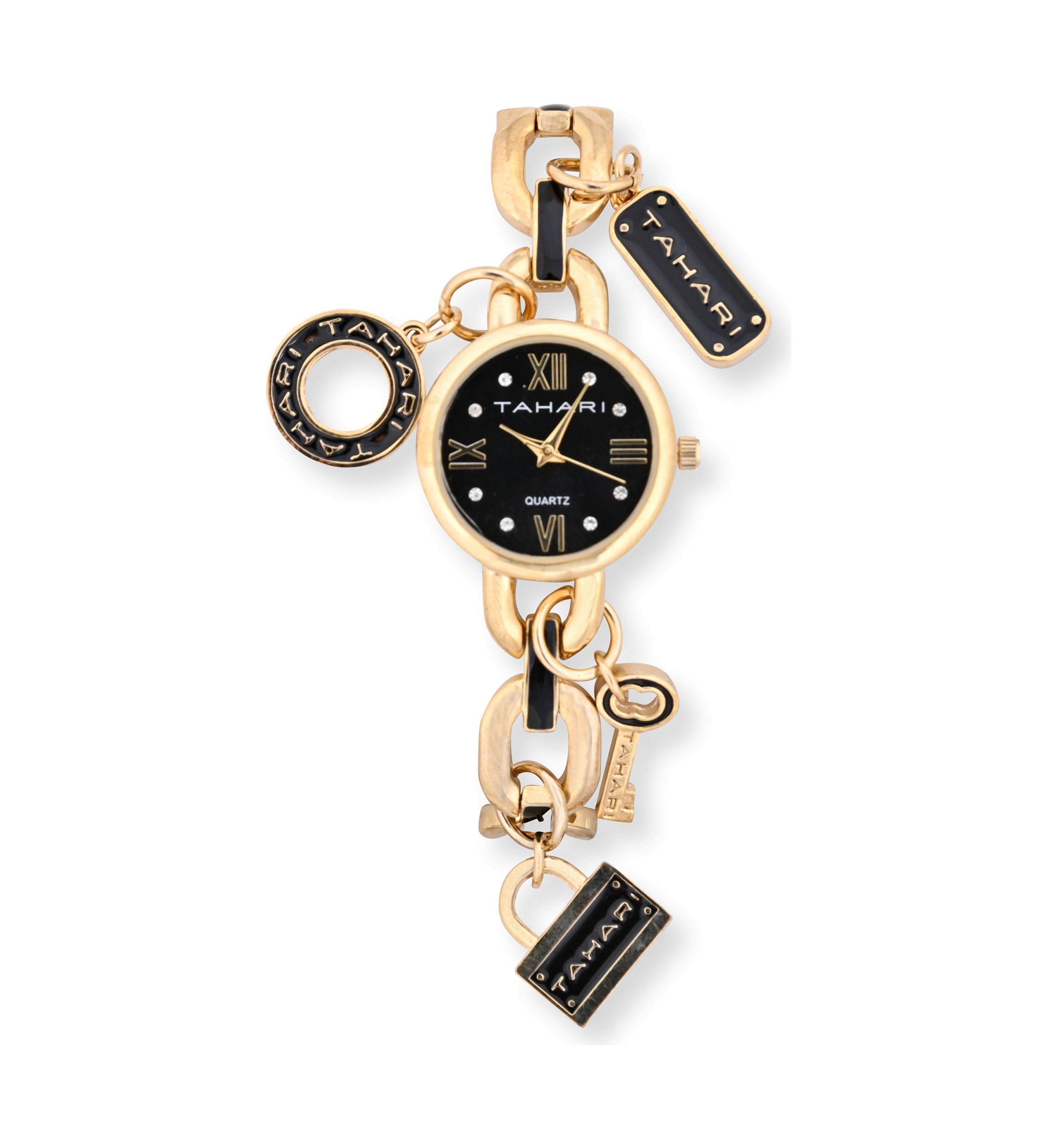 TAHARI Ladies Black and Gold Charm Watch