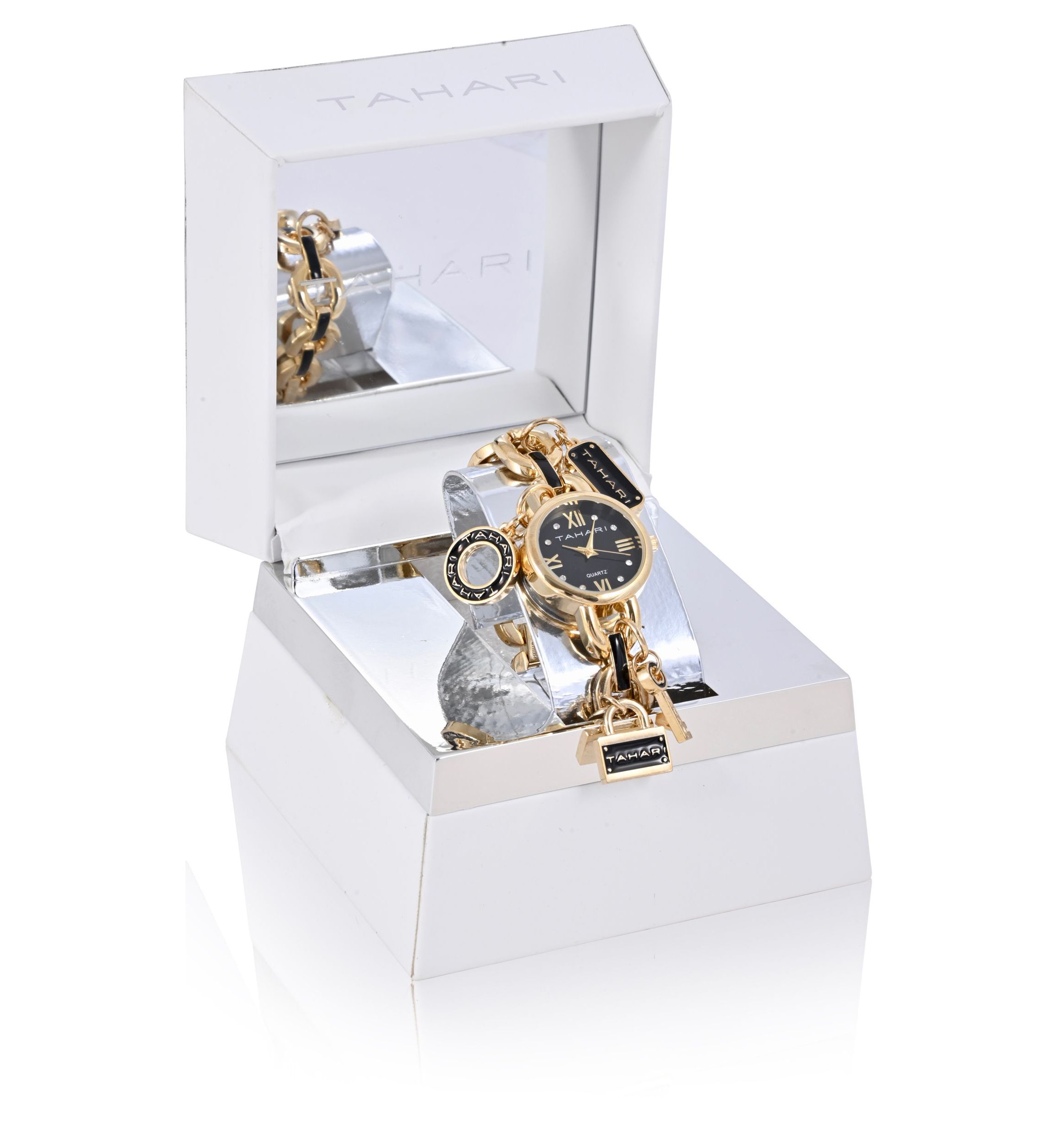 TAHARI Ladies Black and Gold Charm Watch