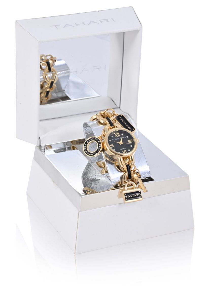 TAHARI Ladies Black and Gold Charm Watch