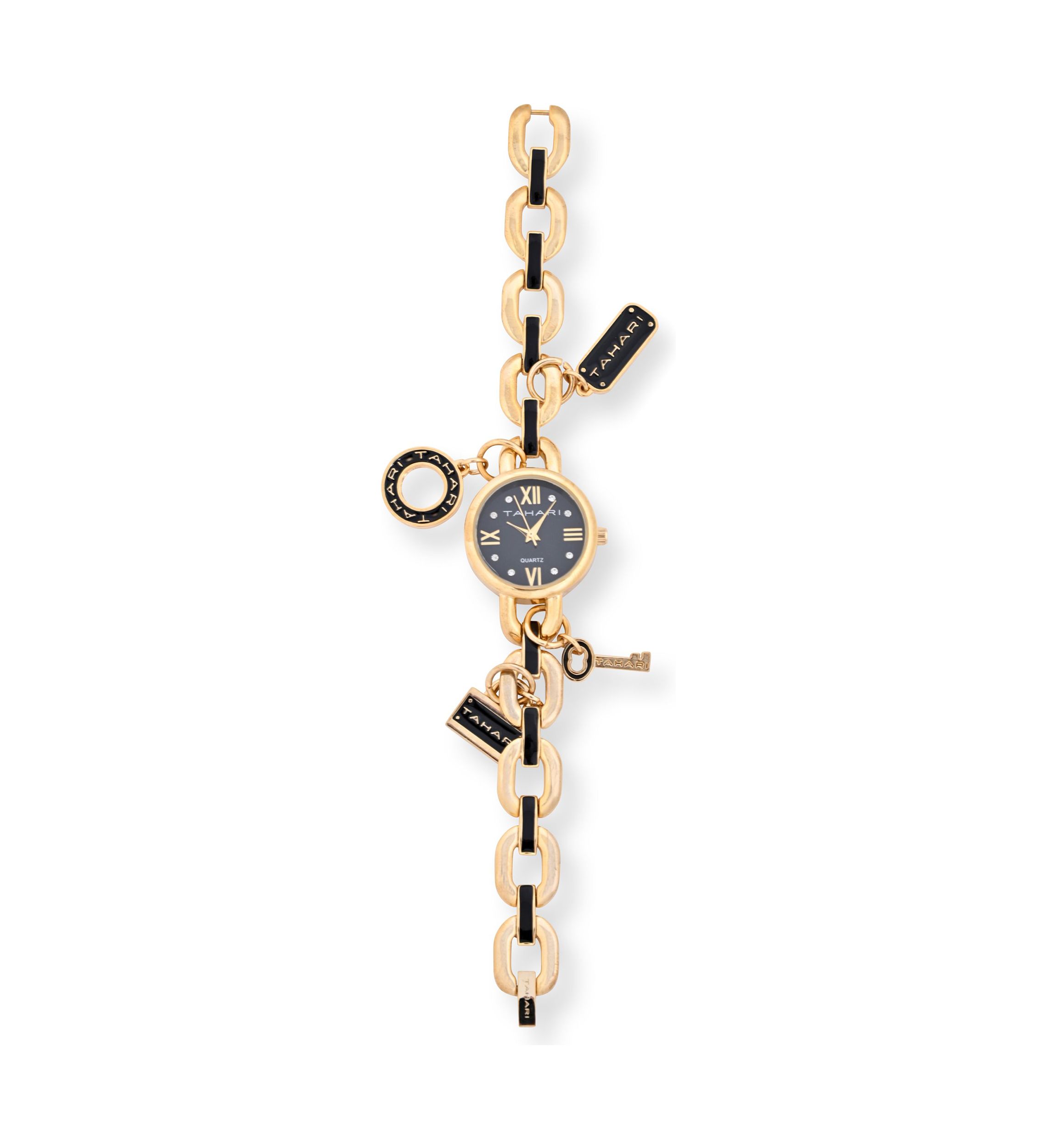 TAHARI Ladies Black and Gold Charm Watch