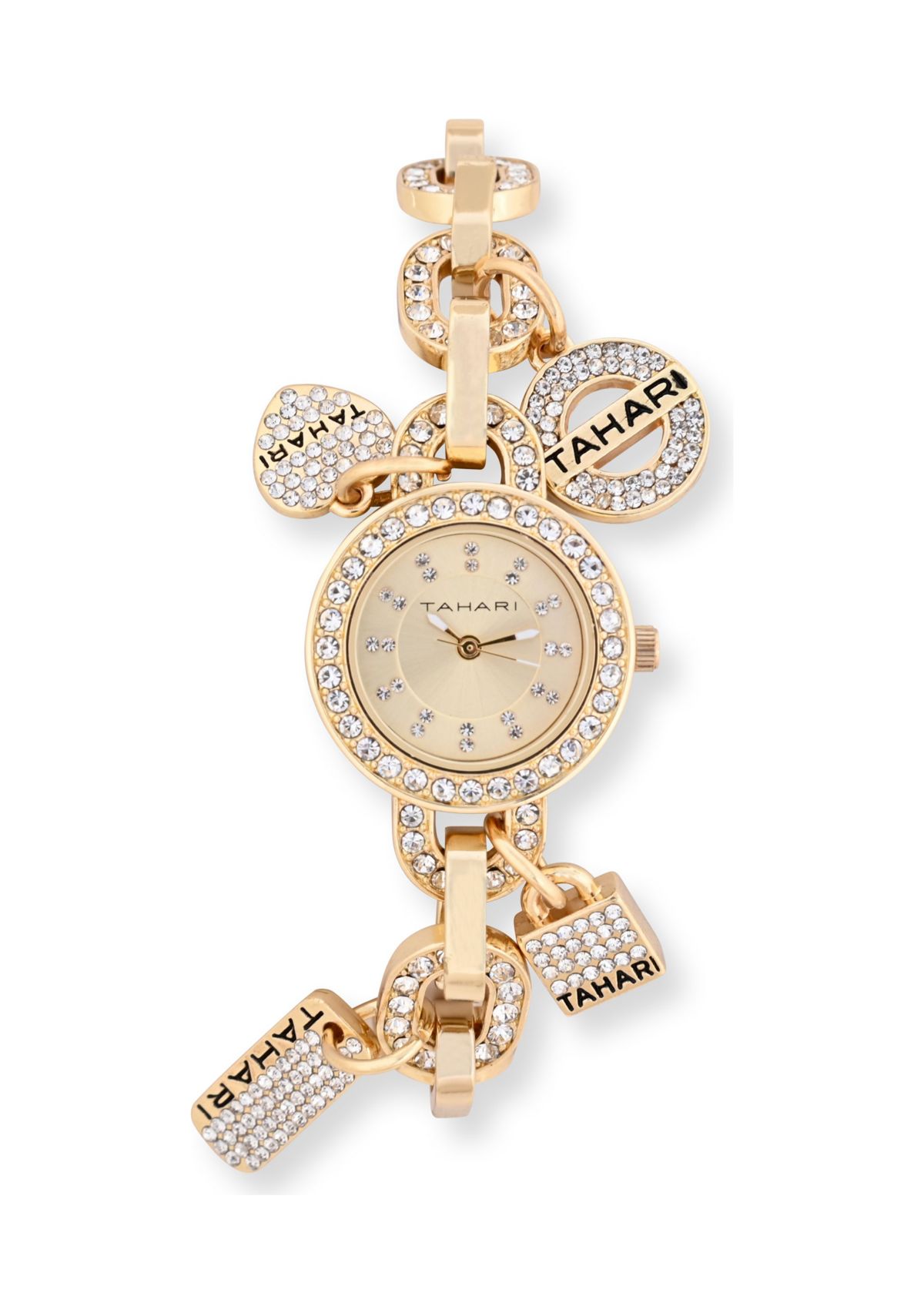 TAHARI Ladies Goldtone and Crystal Charm Watch