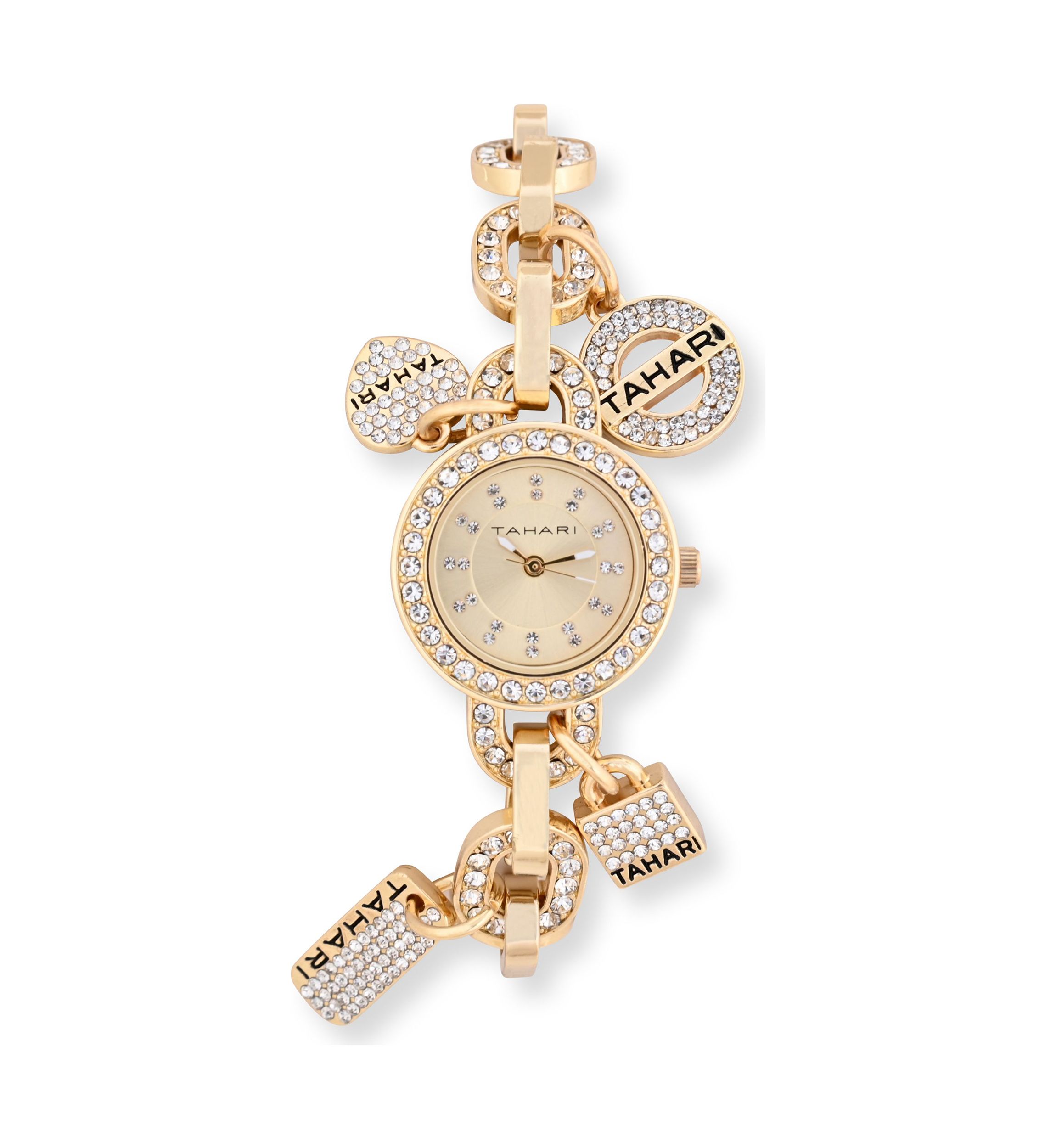 TAHARI Ladies Goldtone and Crystal Charm Watch